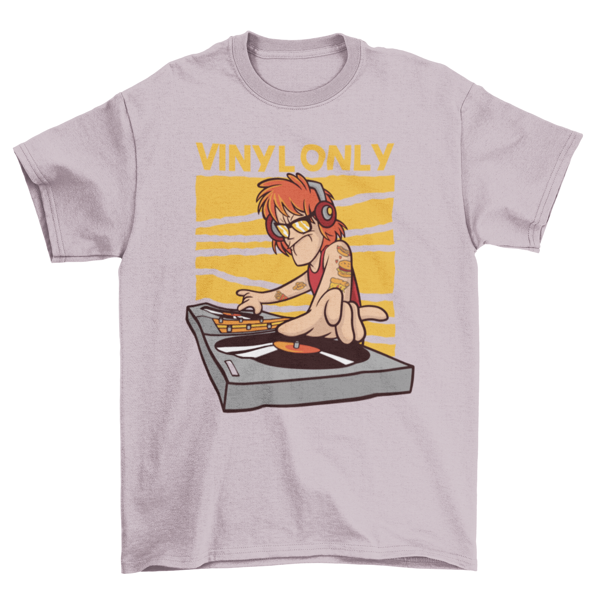 Vinyl DJ quote t-shirt featuring a ginger DJ and the text 'Vinyl Only' in a stylish design.