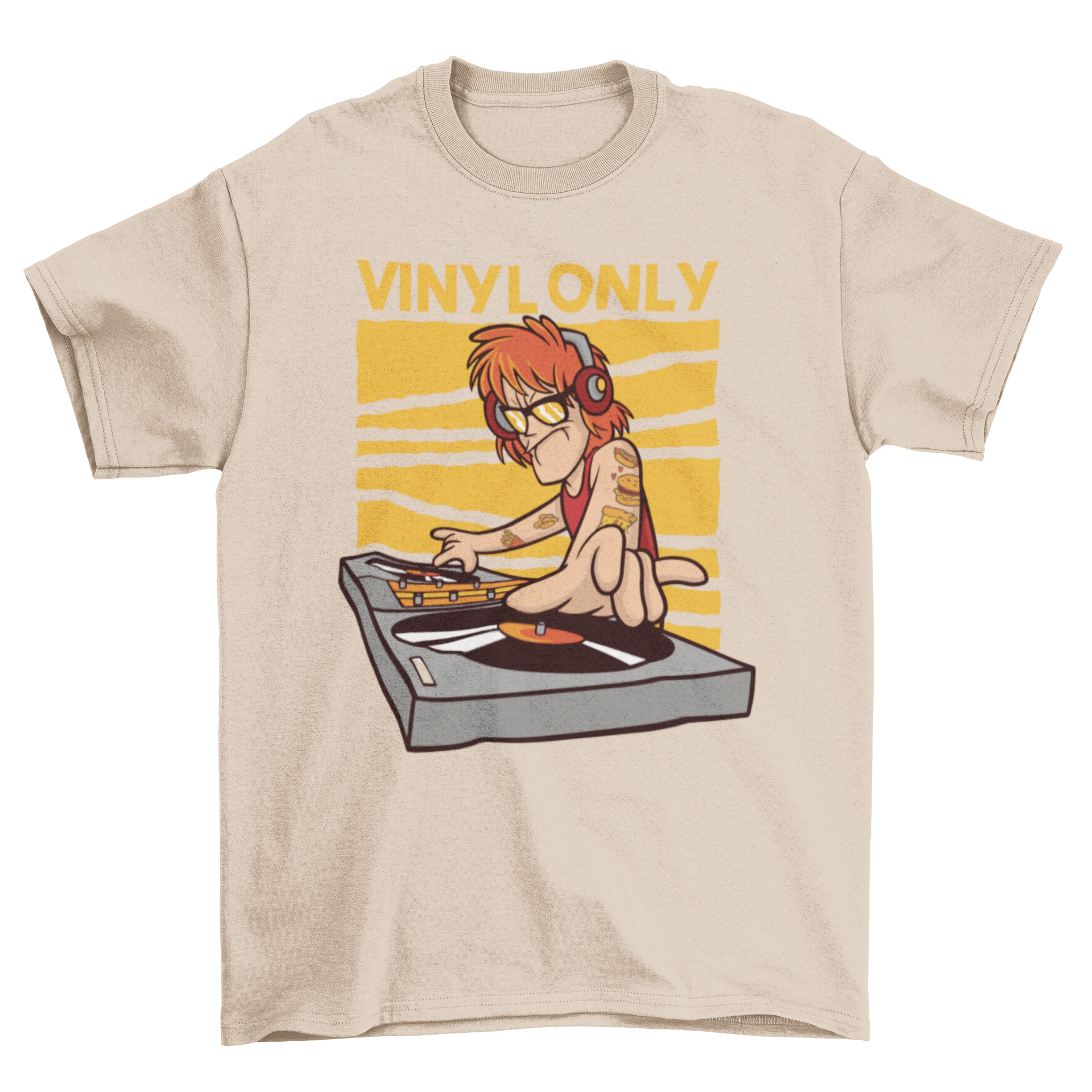 Vinyl DJ quote t-shirt featuring a ginger DJ and the text 'Vinyl Only' in a stylish design.