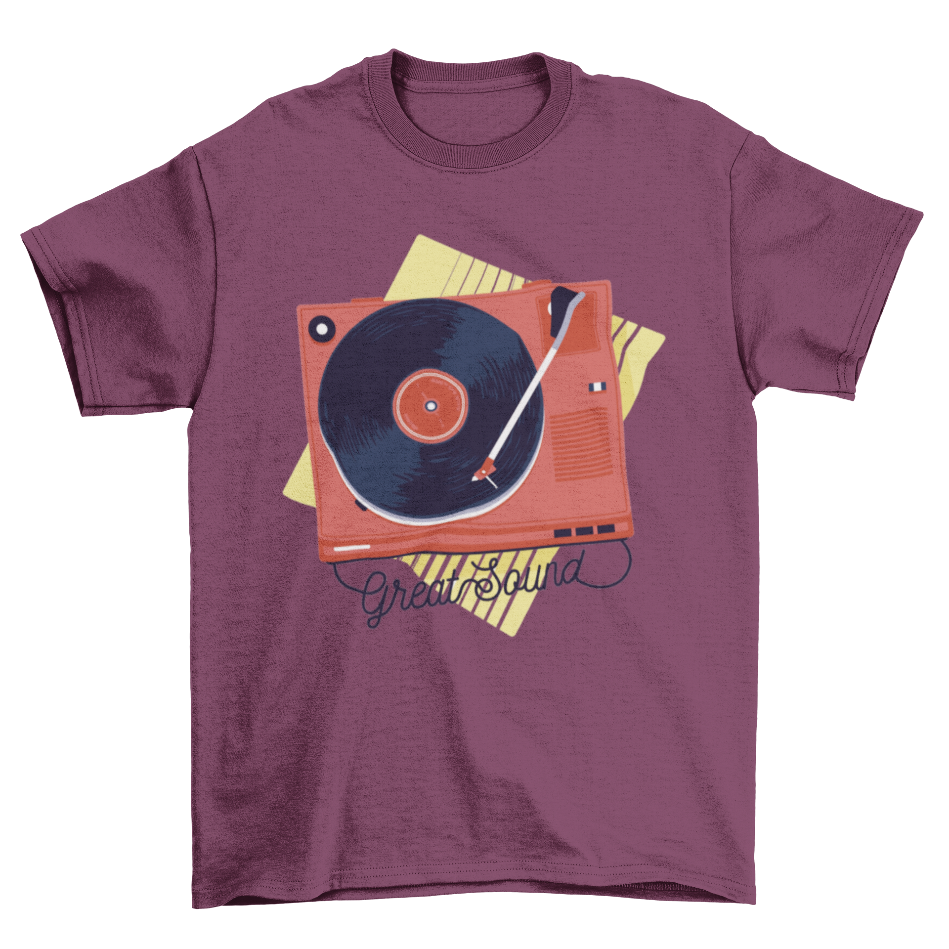 Vinyl Vintage T-shirt featuring a retro turntable illustration with the quote 'Great Sound', perfect for music lovers.