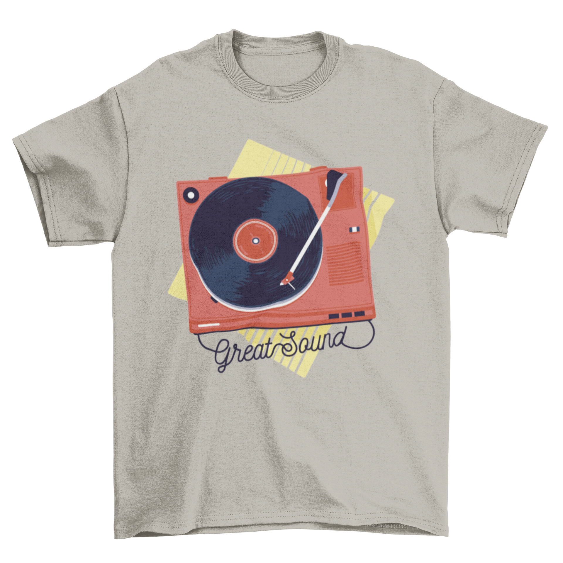 Vinyl Vintage T-shirt featuring a retro turntable illustration with the quote 'Great Sound', perfect for music lovers.