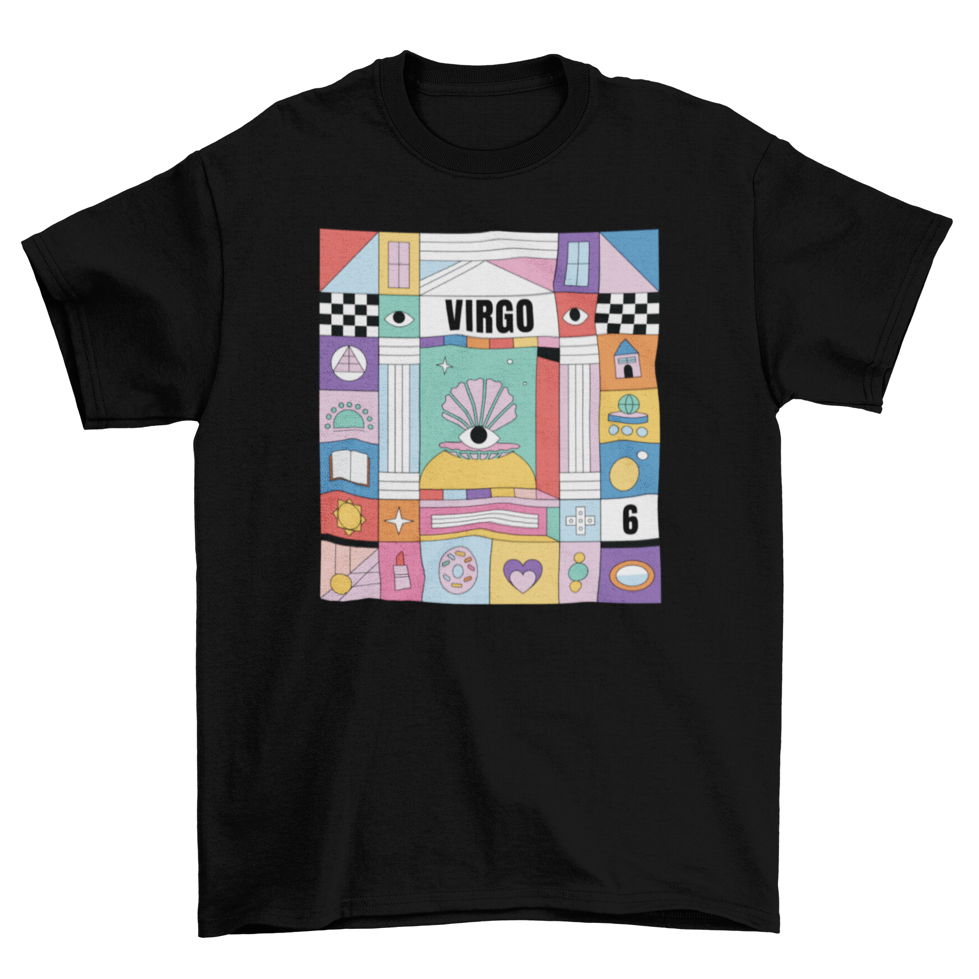 A vibrant t-shirt featuring the Virgo zodiac sign with colorful elements representing its traits.