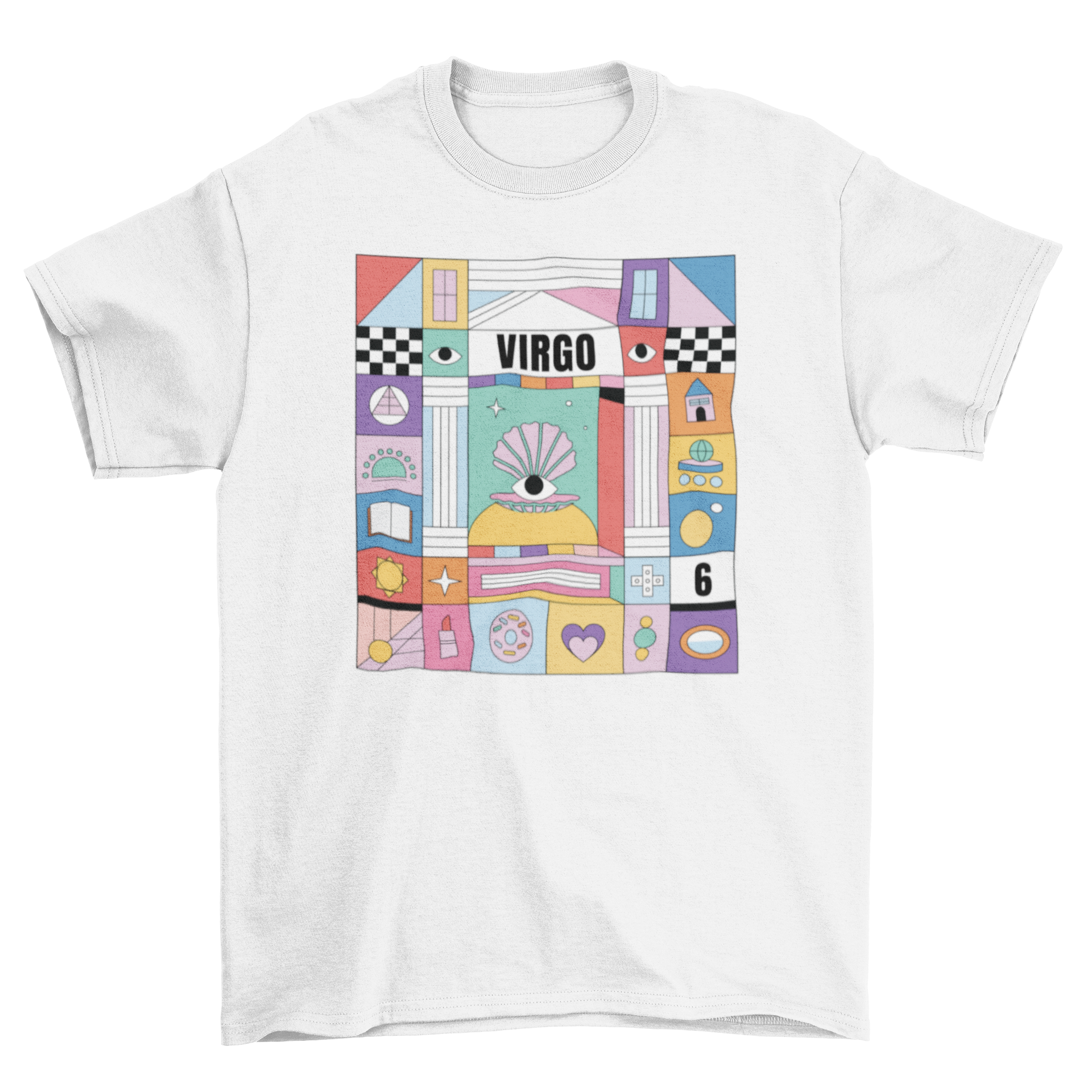 A vibrant t-shirt featuring the Virgo zodiac sign with colorful elements representing its traits.