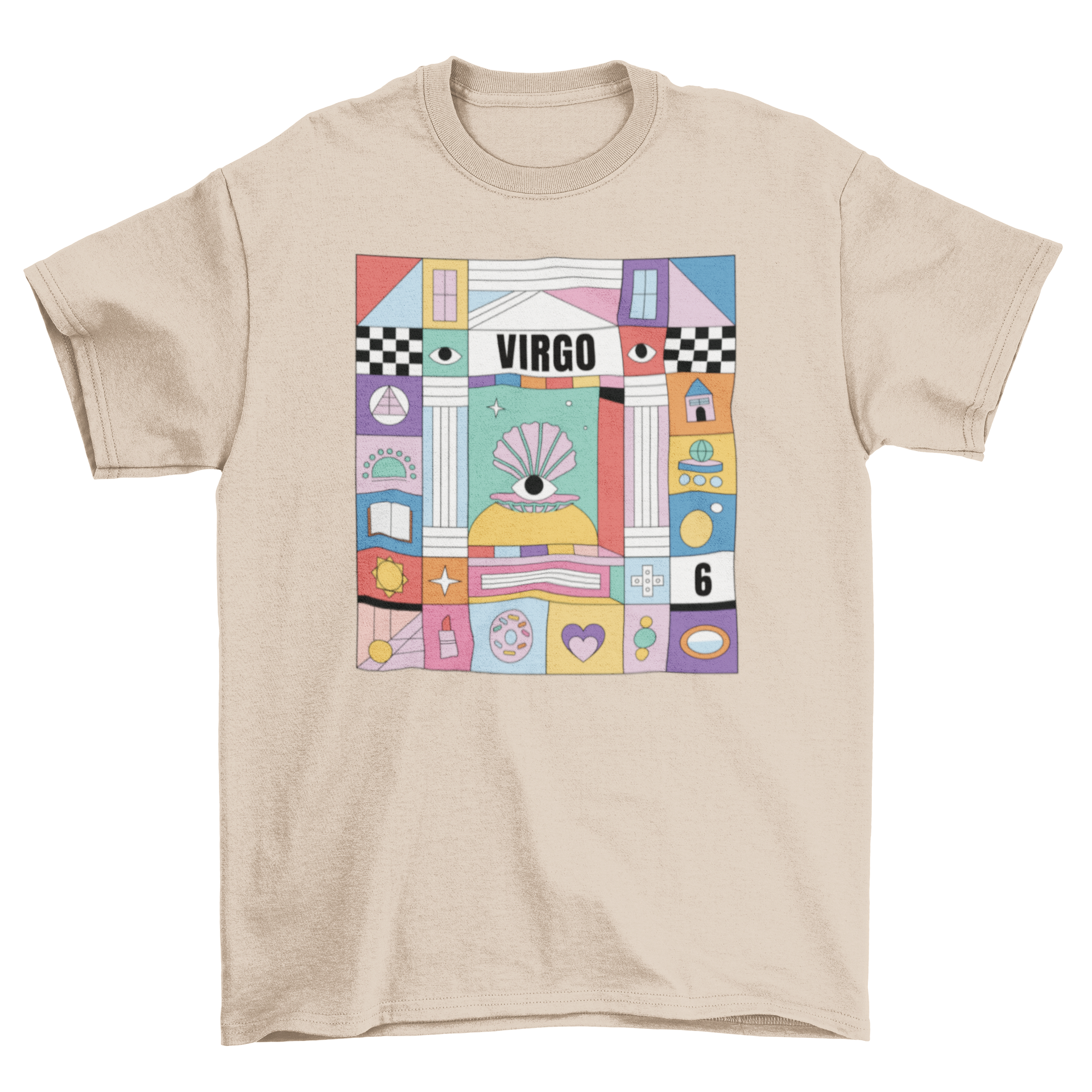 A vibrant t-shirt featuring the Virgo zodiac sign with colorful elements representing its traits.