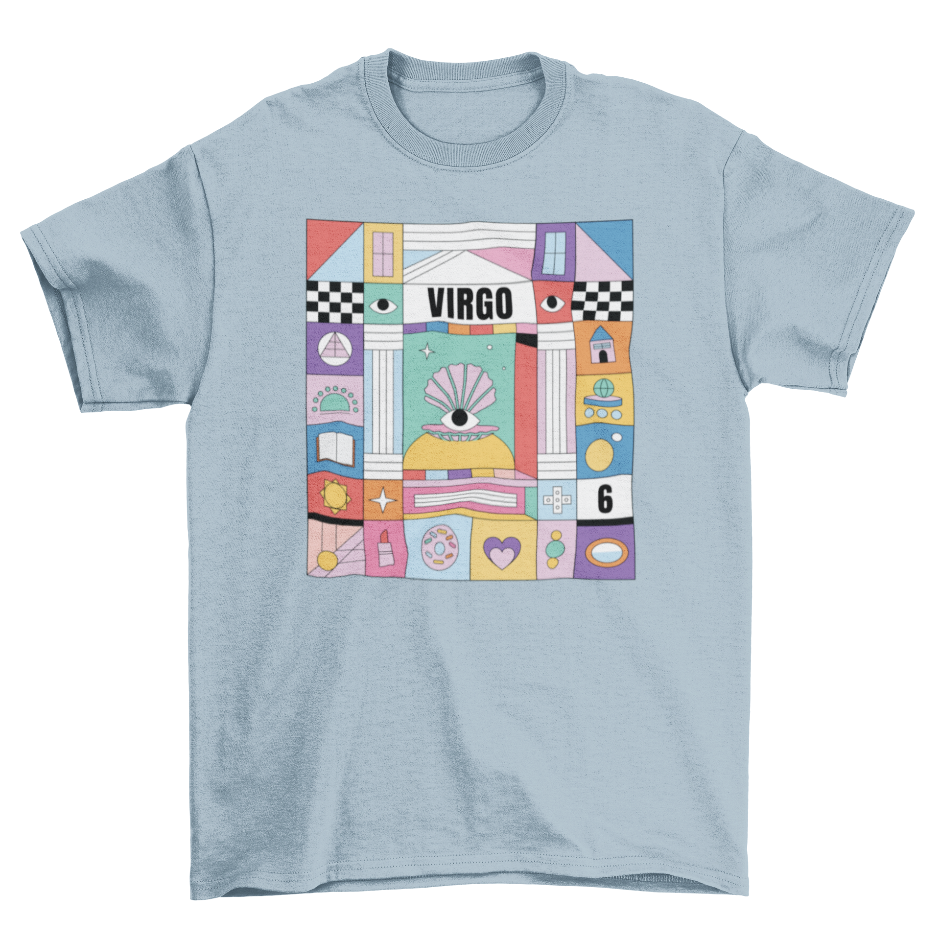 A vibrant t-shirt featuring the Virgo zodiac sign with colorful elements representing its traits.