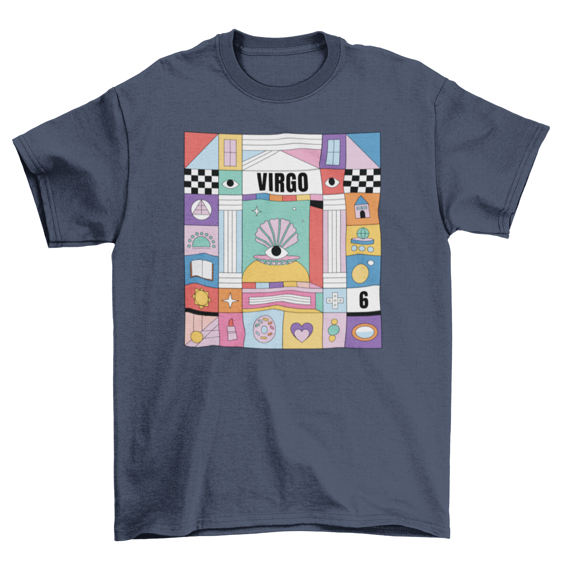 A vibrant t-shirt featuring the Virgo zodiac sign with colorful elements representing its traits.