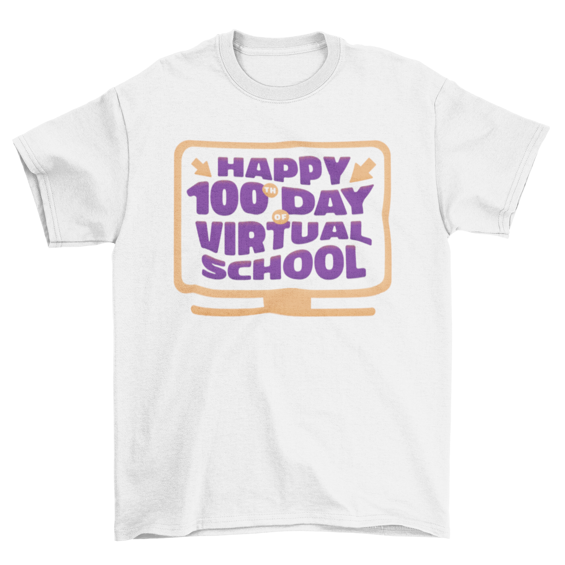 A vibrant Virtual School T-shirt featuring a computer monitor and the quote 'Happy 100th day of virtual school'.