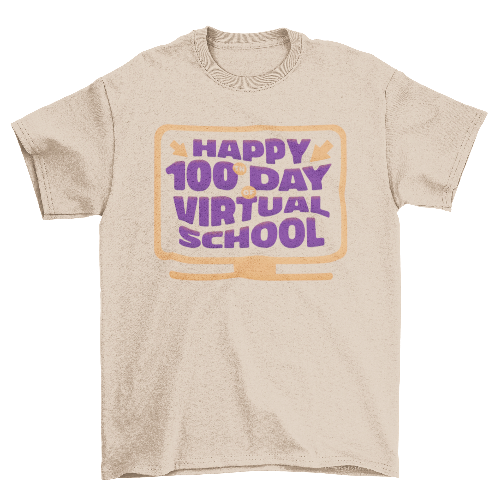 A vibrant Virtual School T-shirt featuring a computer monitor and the quote 'Happy 100th day of virtual school'.