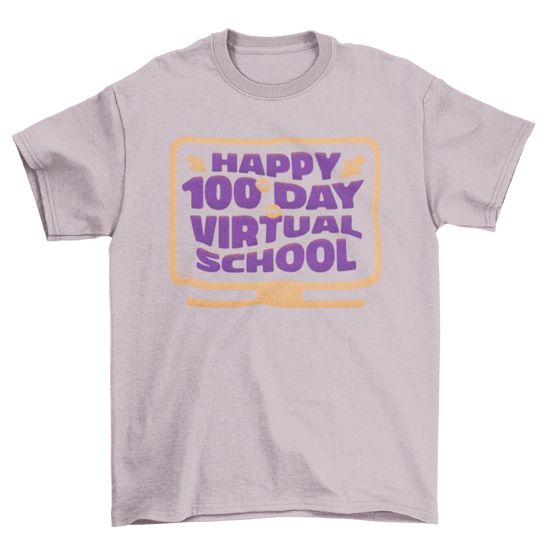 A vibrant Virtual School T-shirt featuring a computer monitor and the quote 'Happy 100th day of virtual school'.