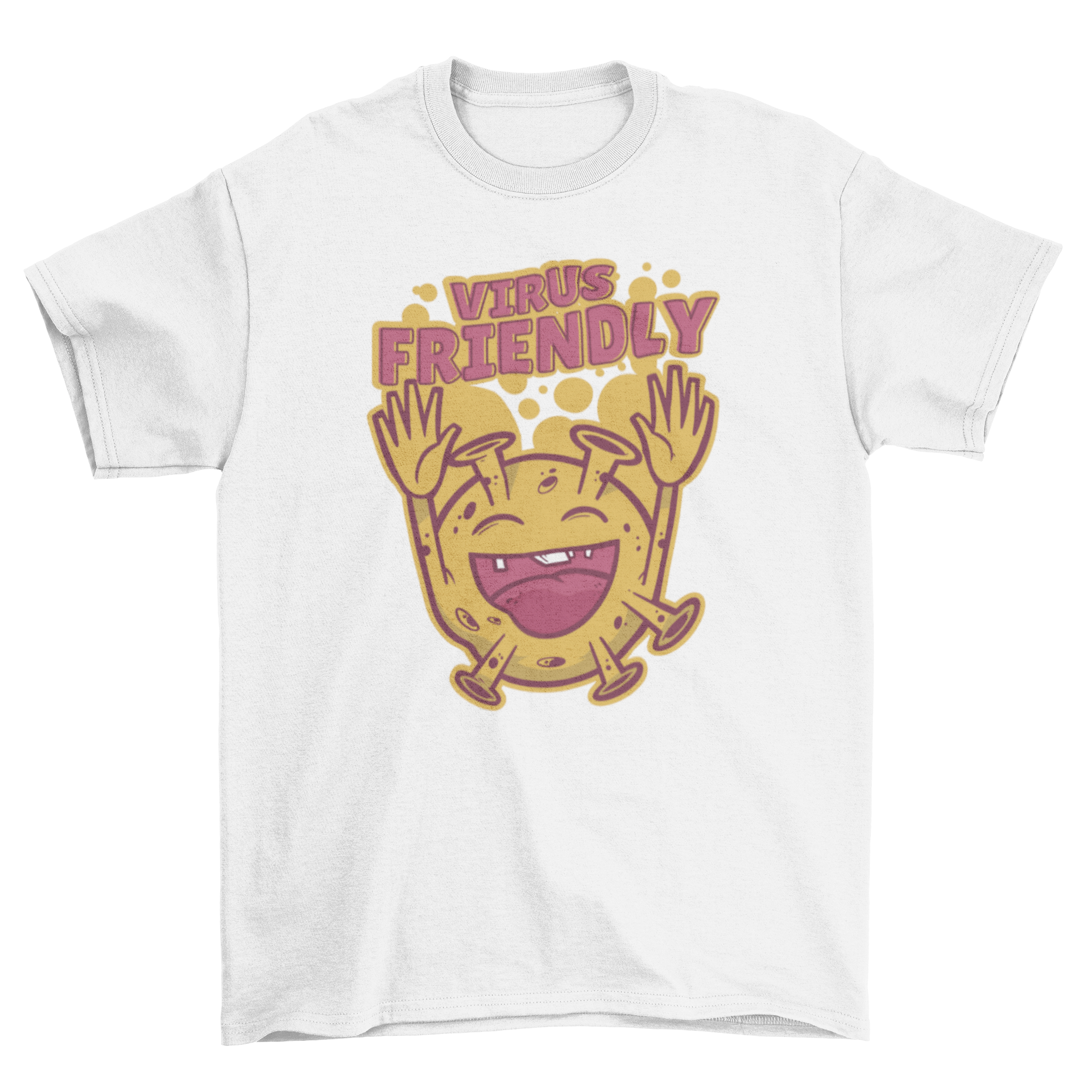 A humorous t-shirt featuring a cheerful virus illustration with the caption 'Virus Friendly'.