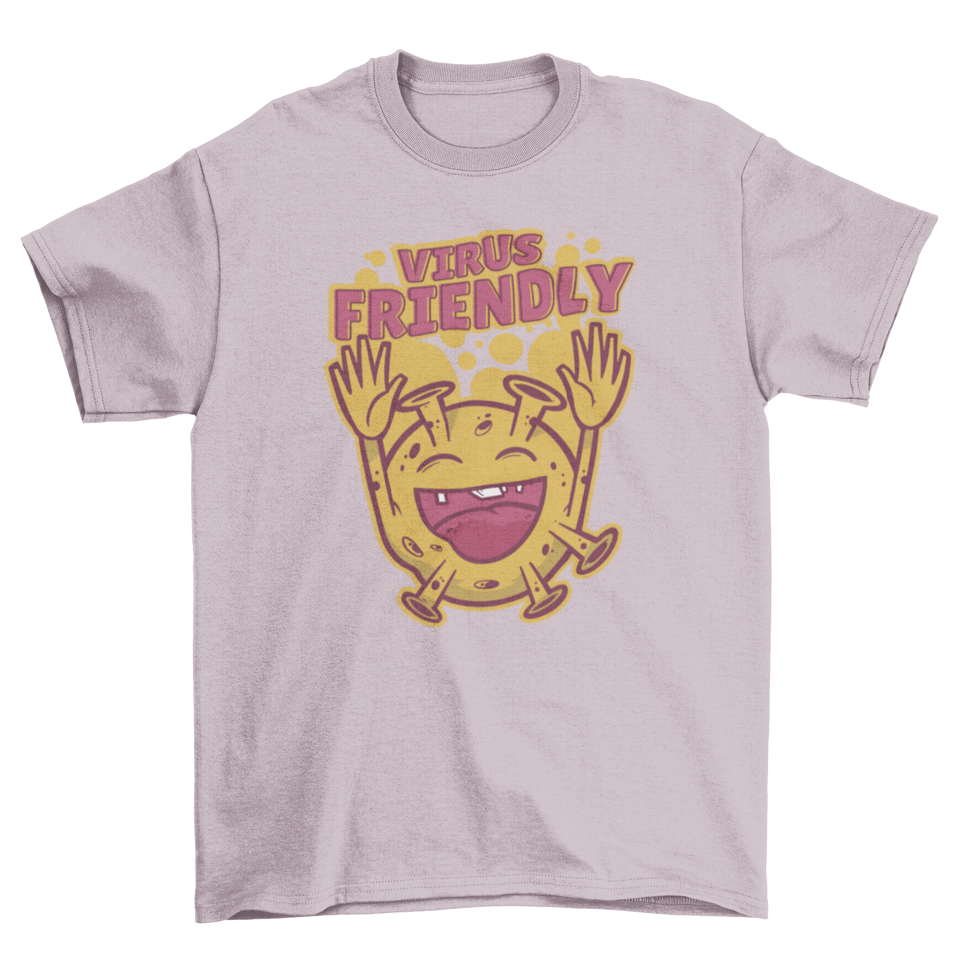 A humorous t-shirt featuring a cheerful virus illustration with the caption 'Virus Friendly'.