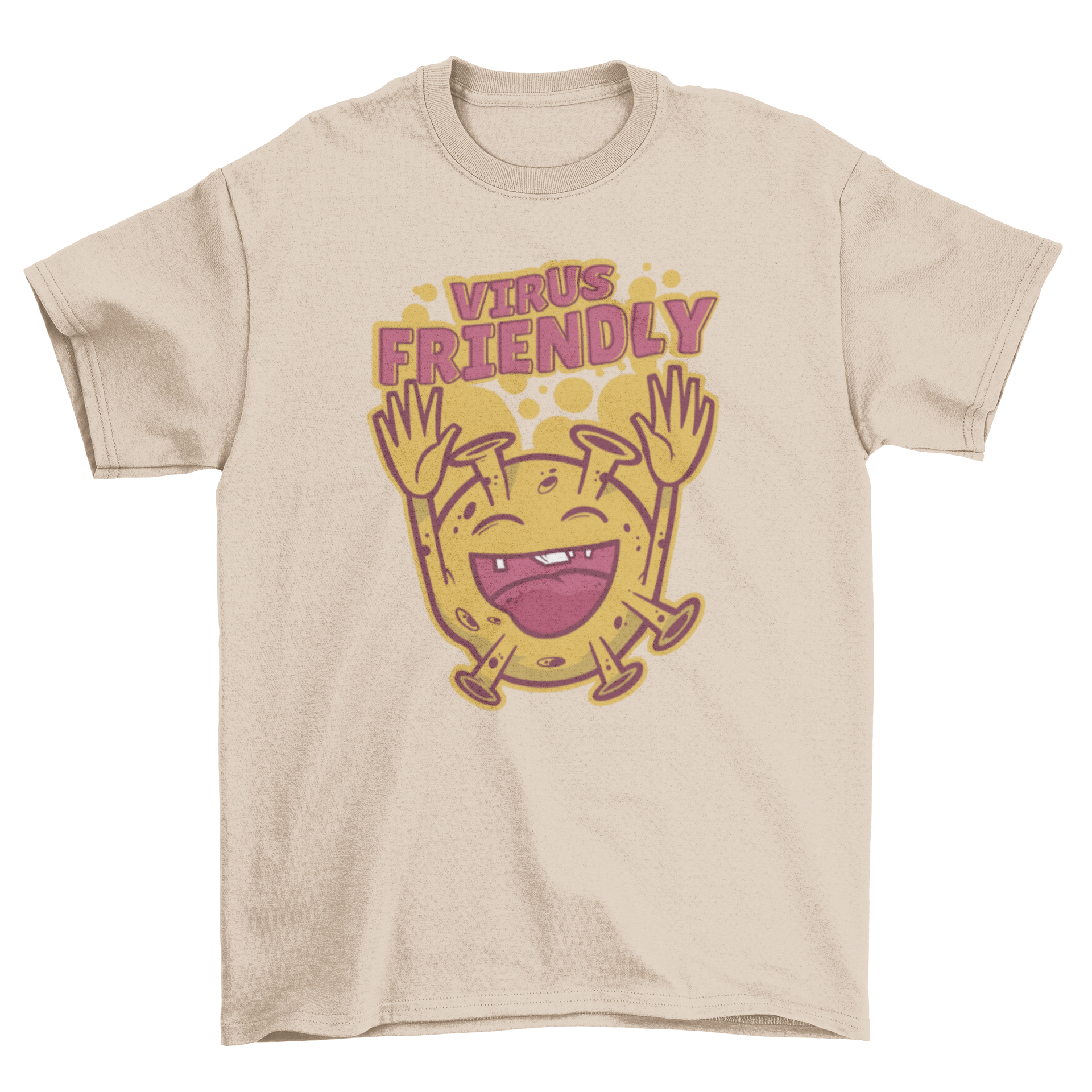 A humorous t-shirt featuring a cheerful virus illustration with the caption 'Virus Friendly'.