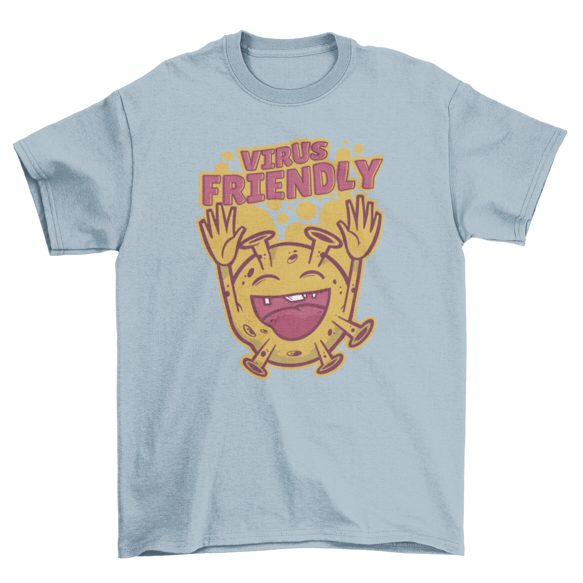 A humorous t-shirt featuring a cheerful virus illustration with the caption 'Virus Friendly'.