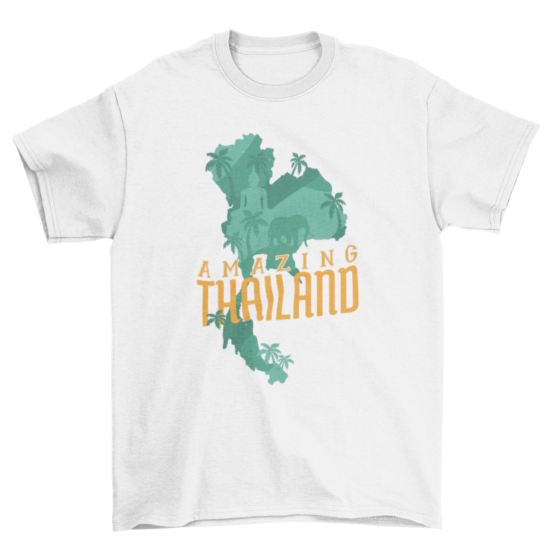 A stylish T-shirt featuring a unique illustration of Thailand's map shape, showcasing its iconic buildings and lush forests.