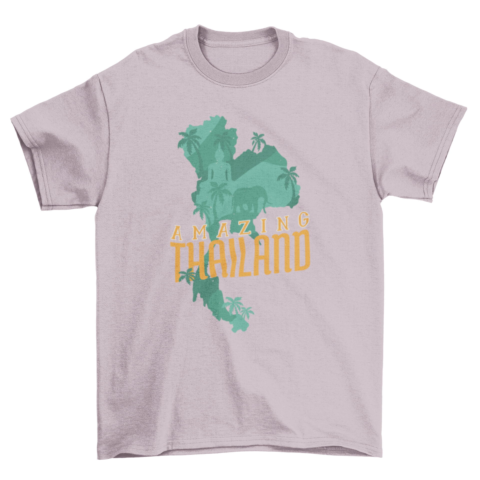 A stylish T-shirt featuring a unique illustration of Thailand's map shape, showcasing its iconic buildings and lush forests.