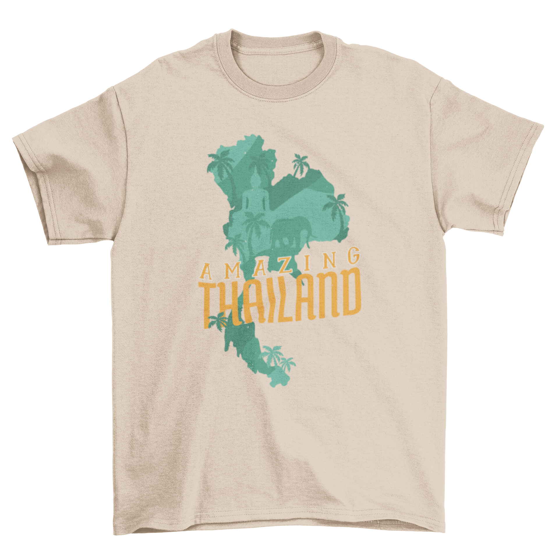 A stylish T-shirt featuring a unique illustration of Thailand's map shape, showcasing its iconic buildings and lush forests.