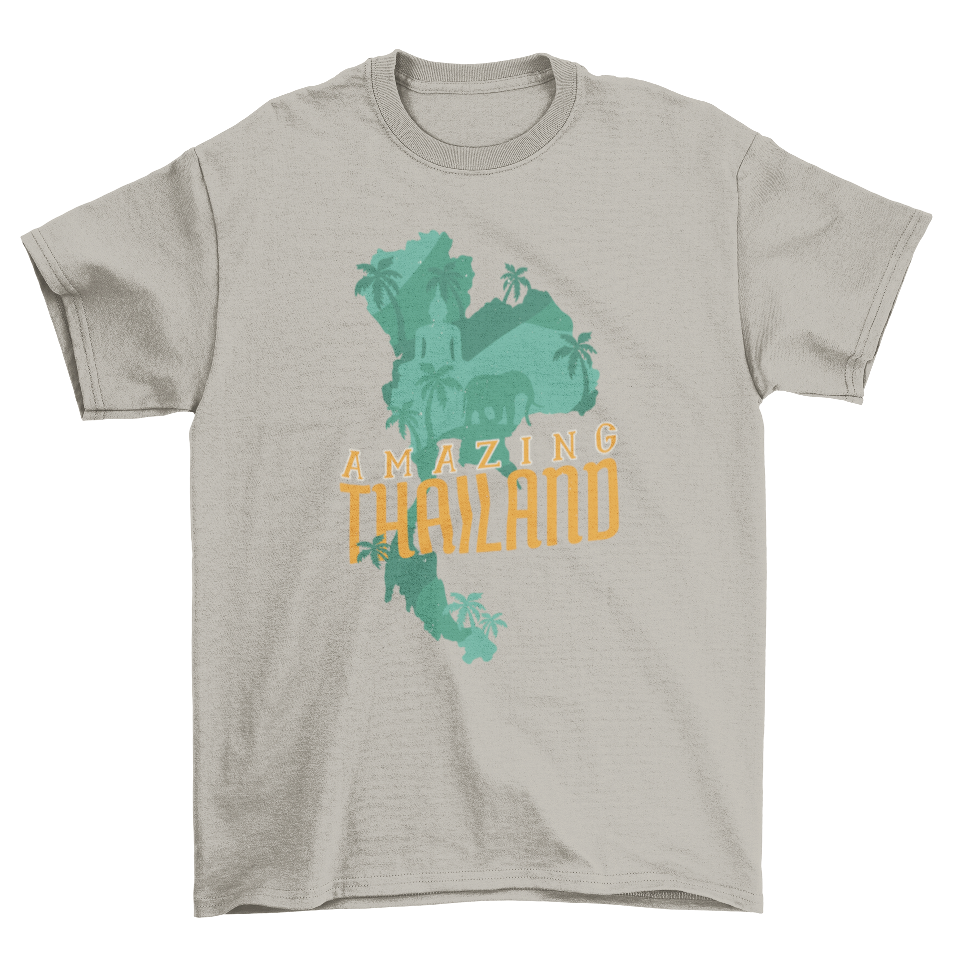 A stylish T-shirt featuring a unique illustration of Thailand's map shape, showcasing its iconic buildings and lush forests.