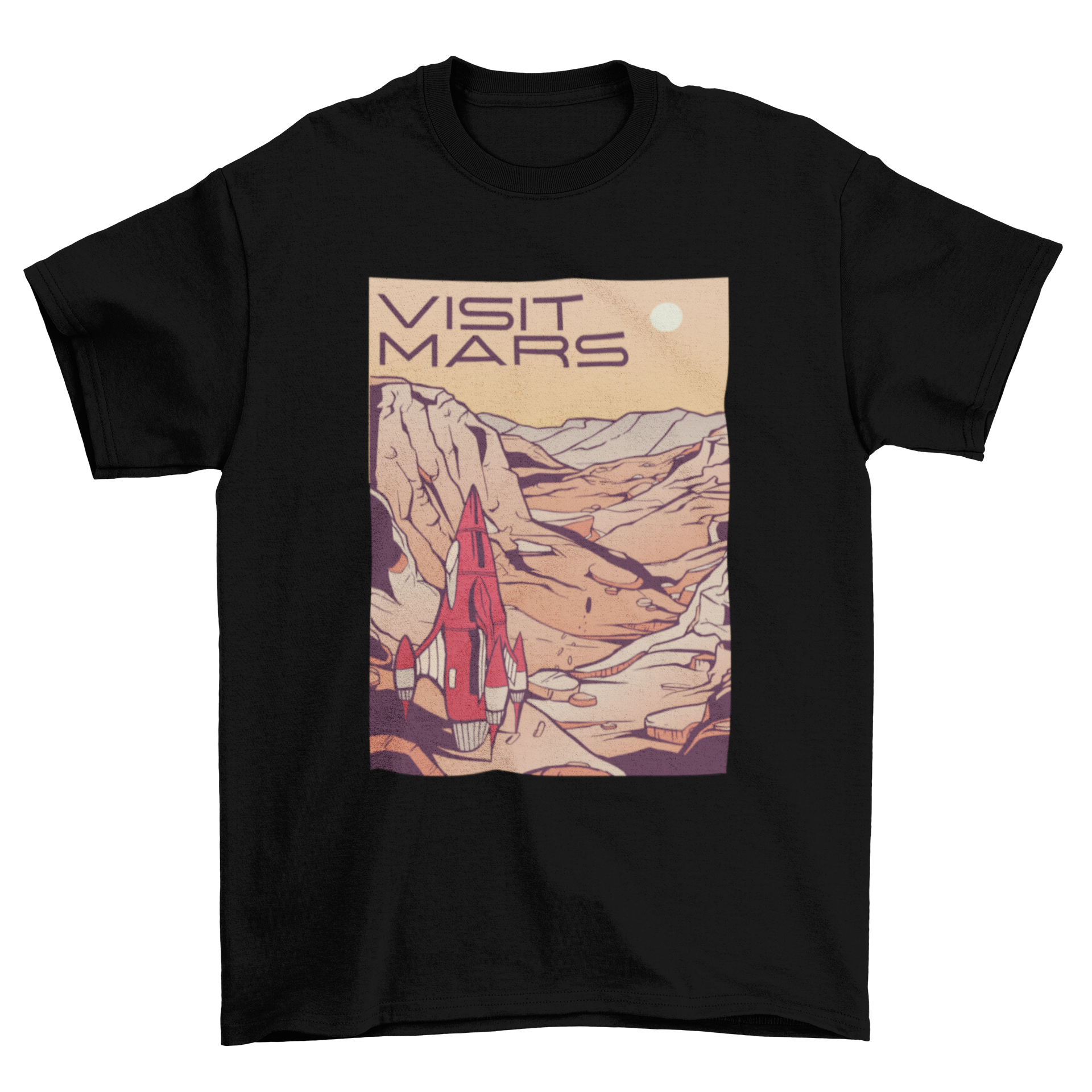 A stylish Visit Mars T-shirt featuring a vibrant Mars landscape and the text 'VISIT MARS'.