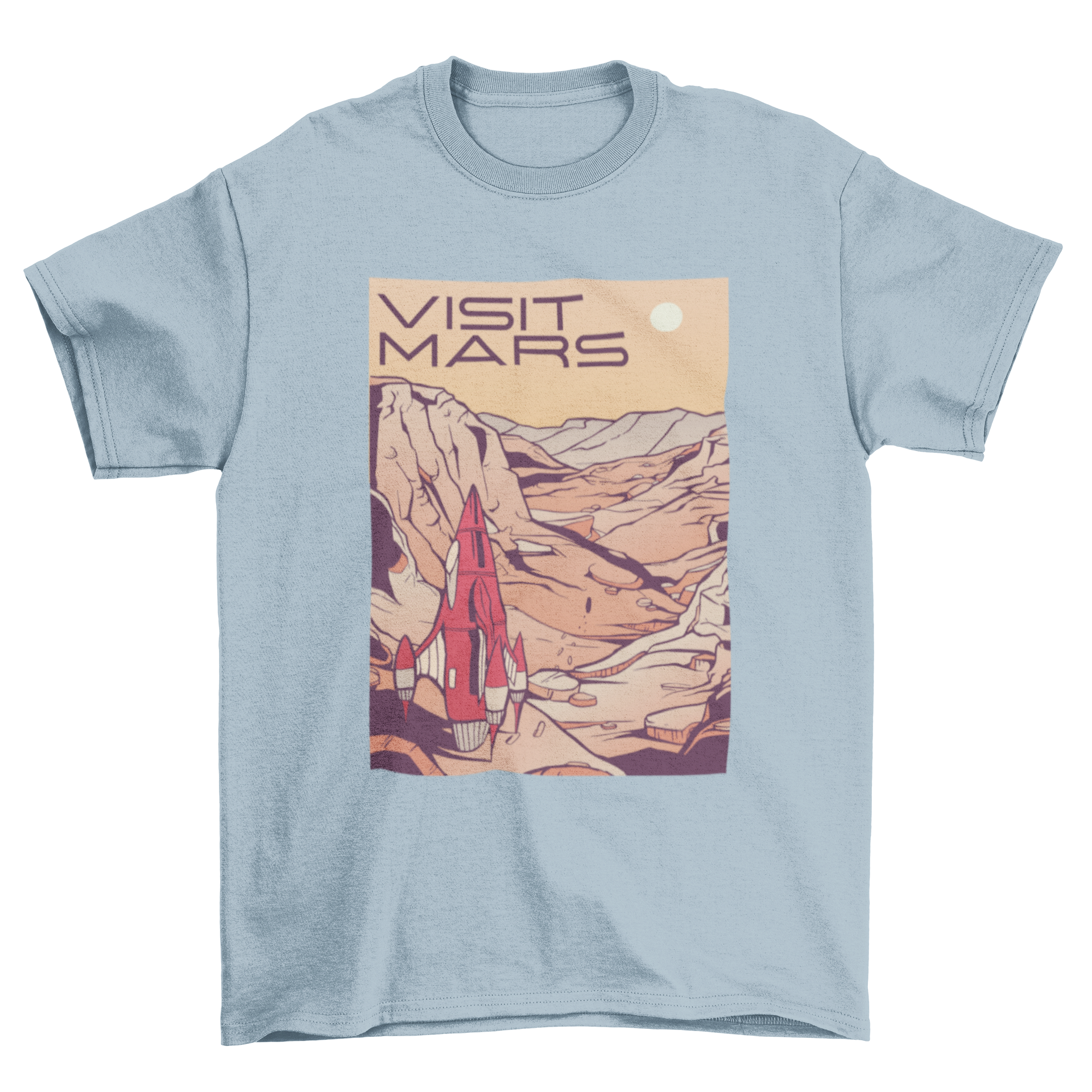 A stylish Visit Mars T-shirt featuring a vibrant Mars landscape and the text 'VISIT MARS'.