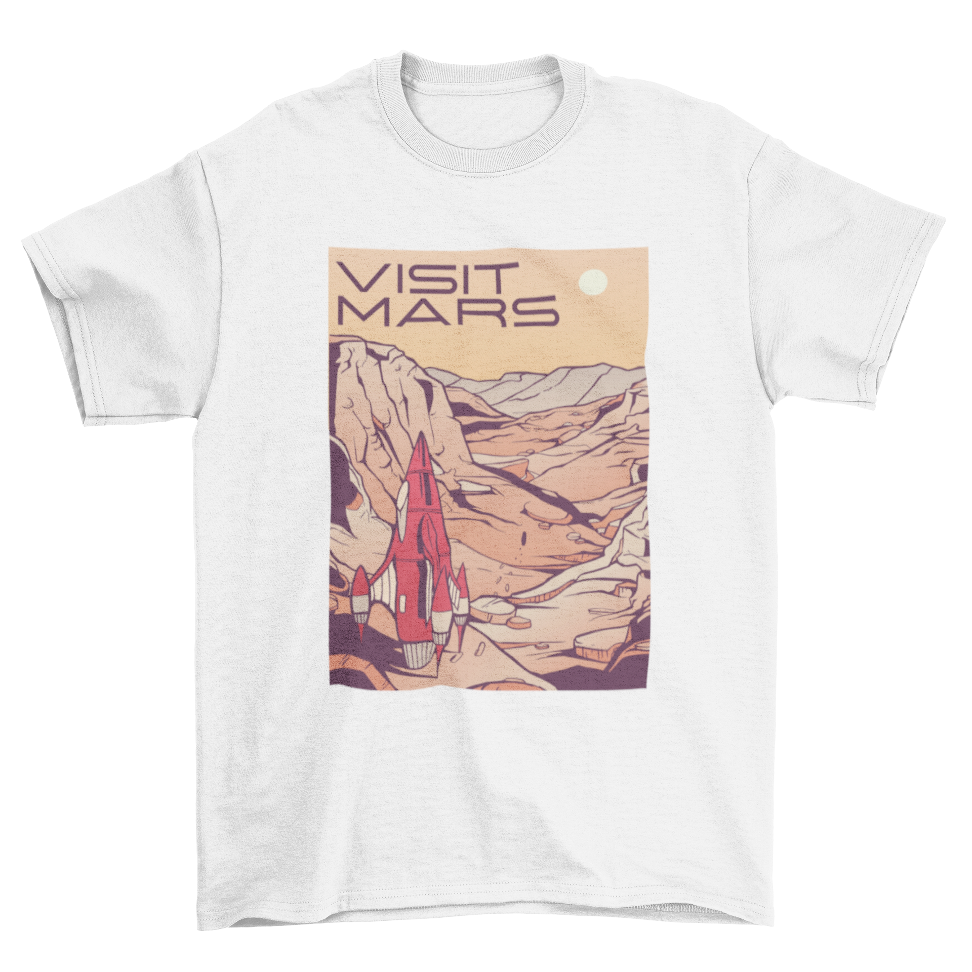 A stylish Visit Mars T-shirt featuring a vibrant Mars landscape and the text 'VISIT MARS'.