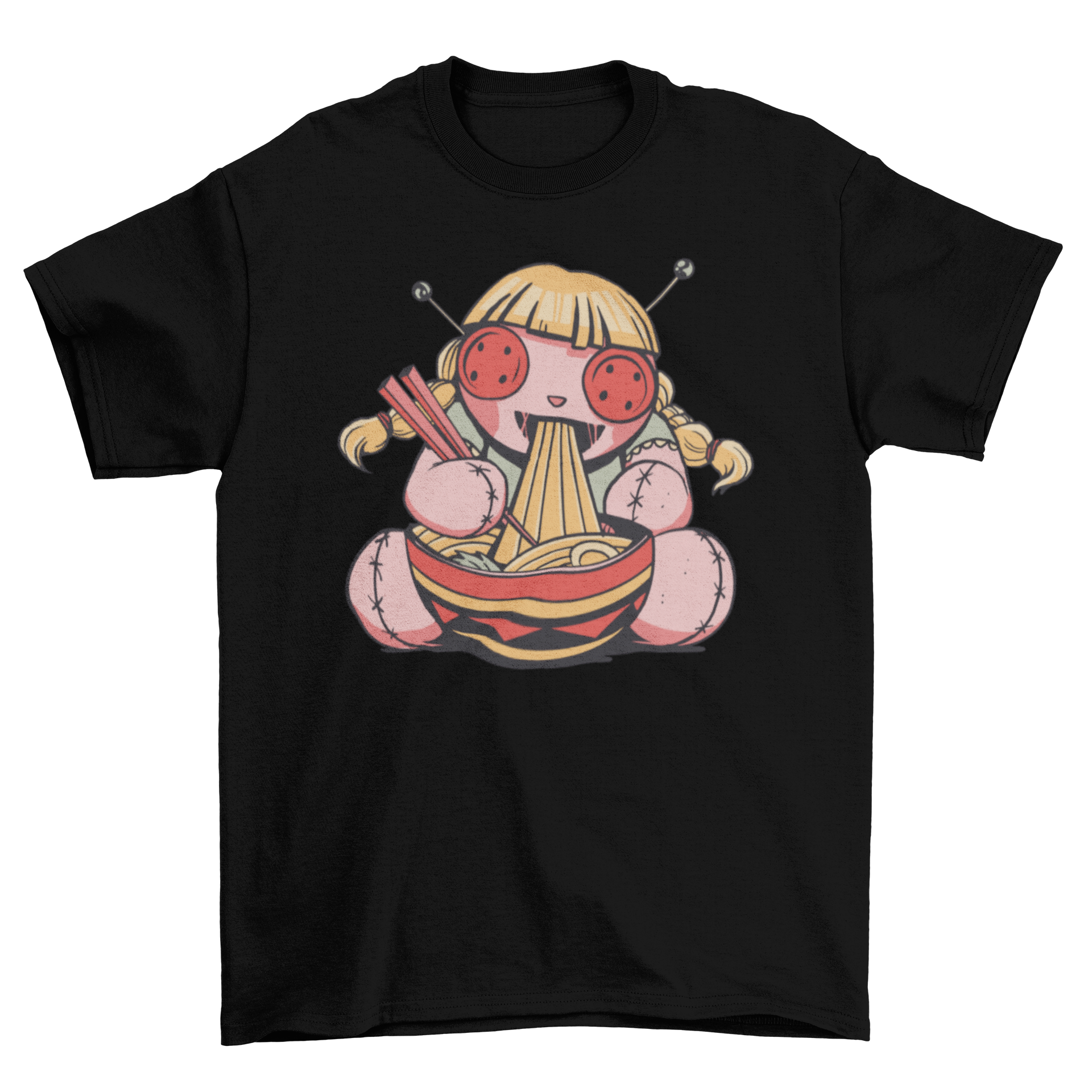 Illustration of a voodoo doll happily eating spaghetti on a t-shirt design.