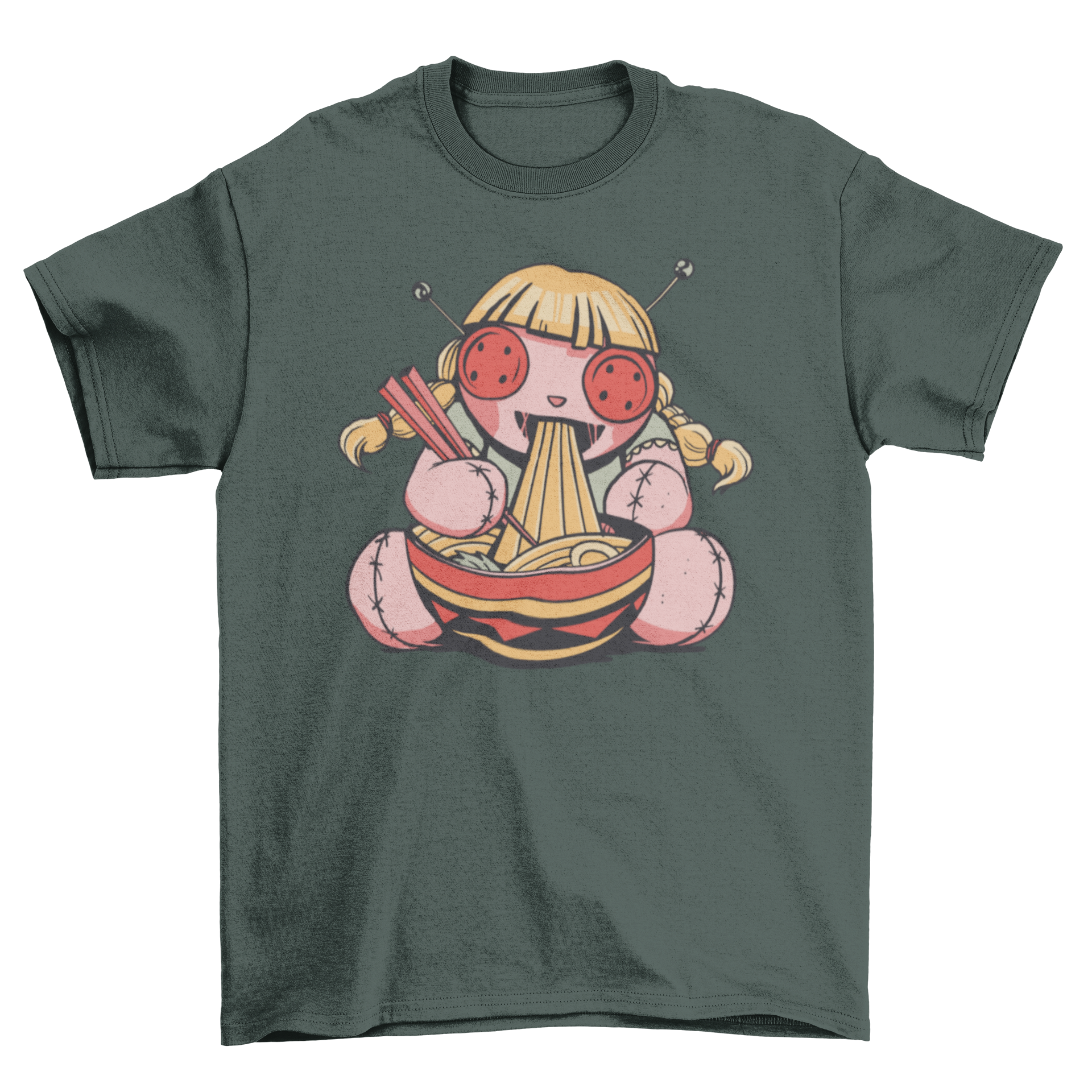 Illustration of a voodoo doll happily eating spaghetti on a t-shirt design.