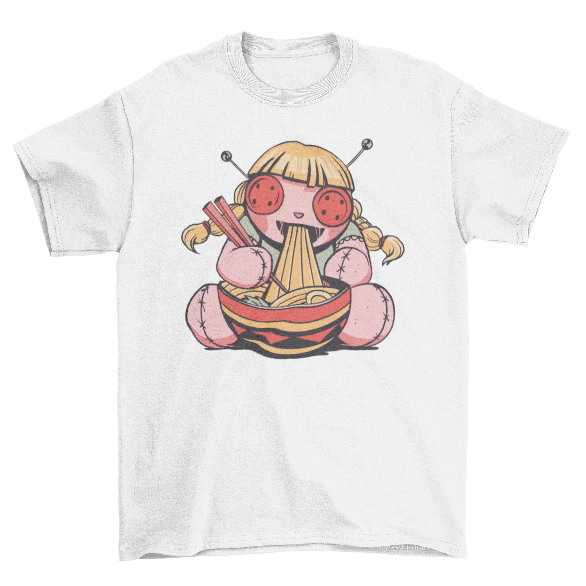 Illustration of a voodoo doll happily eating spaghetti on a t-shirt design.