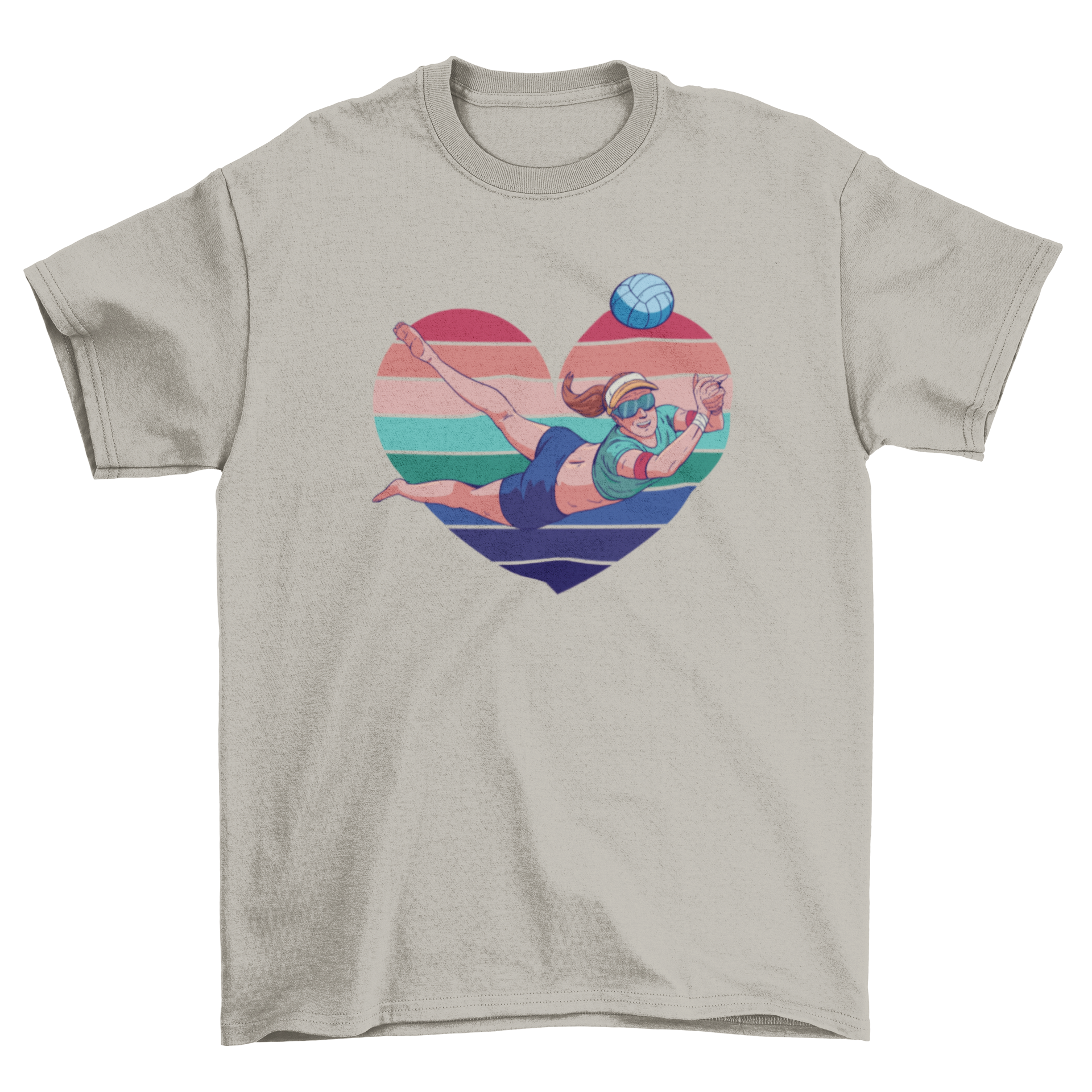 A stylish t-shirt featuring a woman playing volleyball inside a colorful heart design, perfect for volleyball enthusiasts.