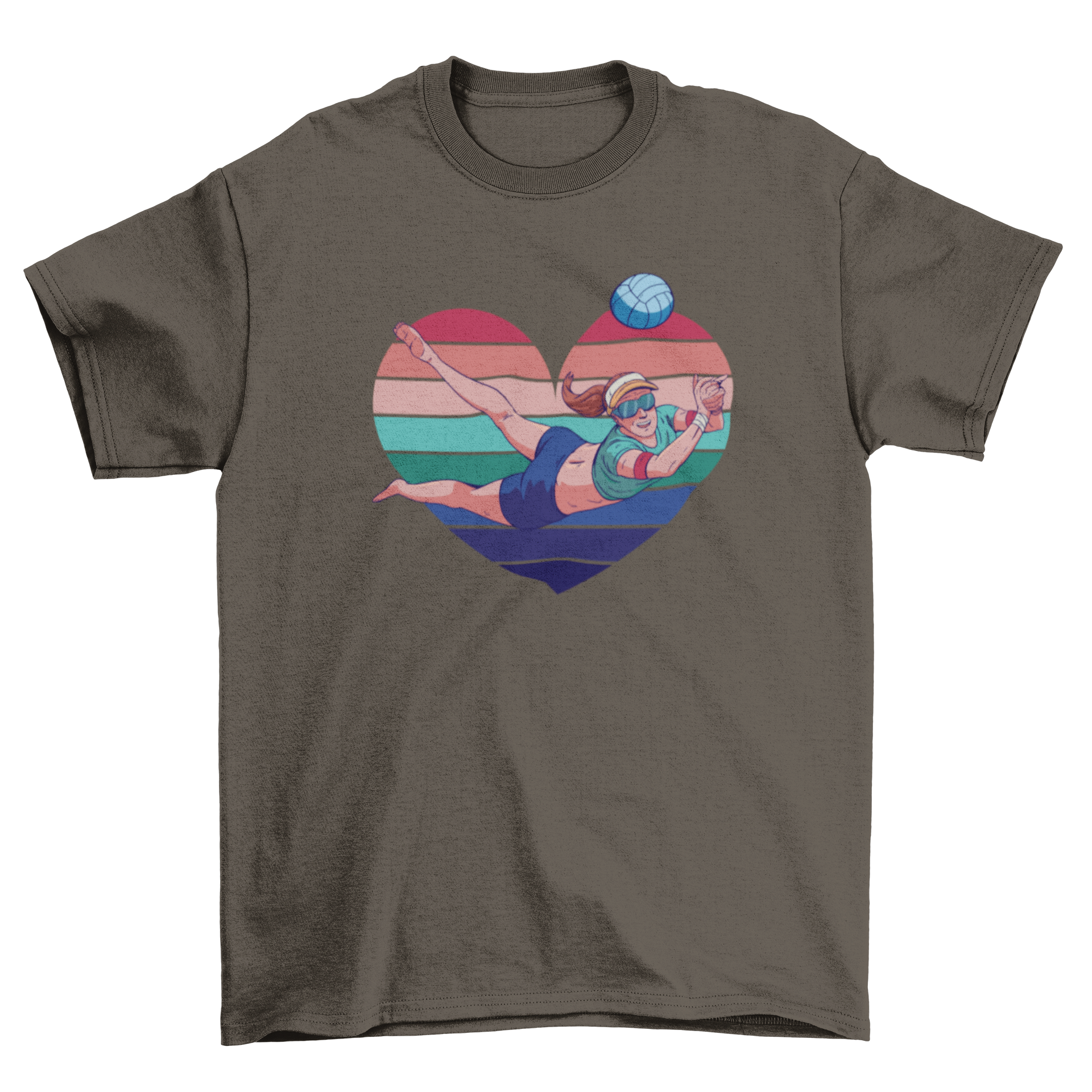 A stylish t-shirt featuring a woman playing volleyball inside a colorful heart design, perfect for volleyball enthusiasts.