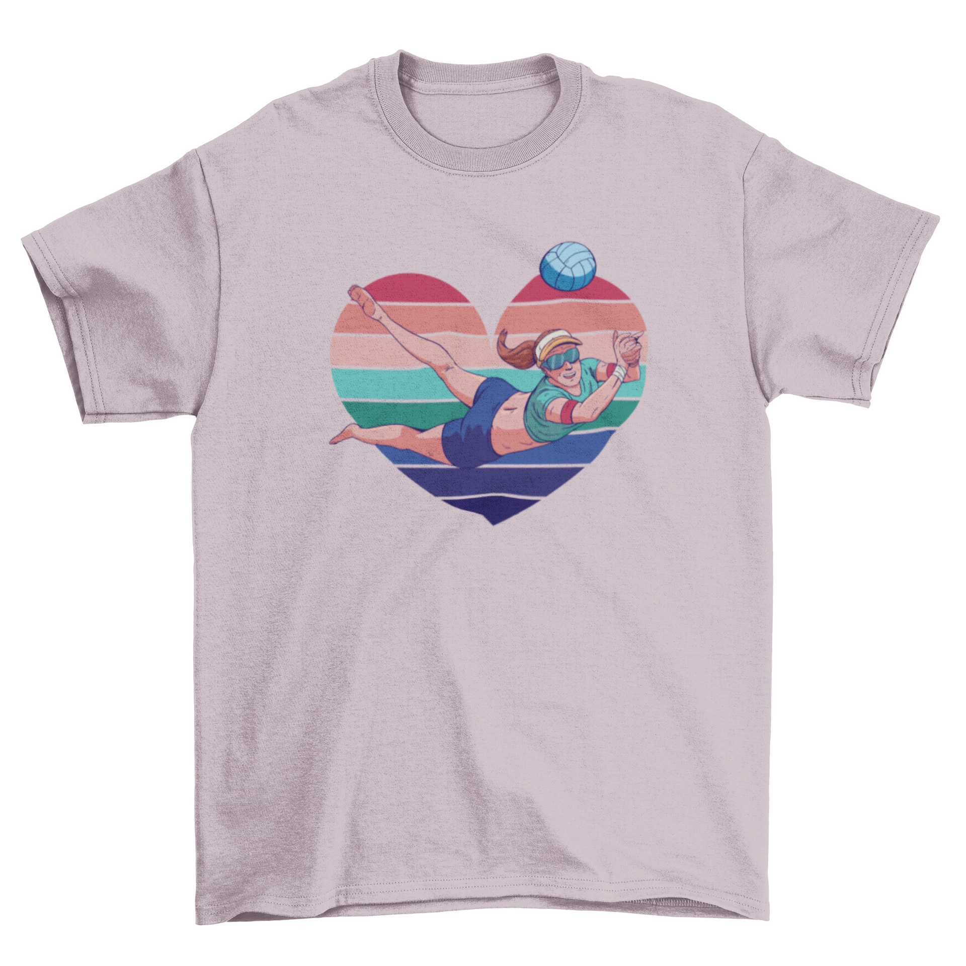 A stylish t-shirt featuring a woman playing volleyball inside a colorful heart design, perfect for volleyball enthusiasts.