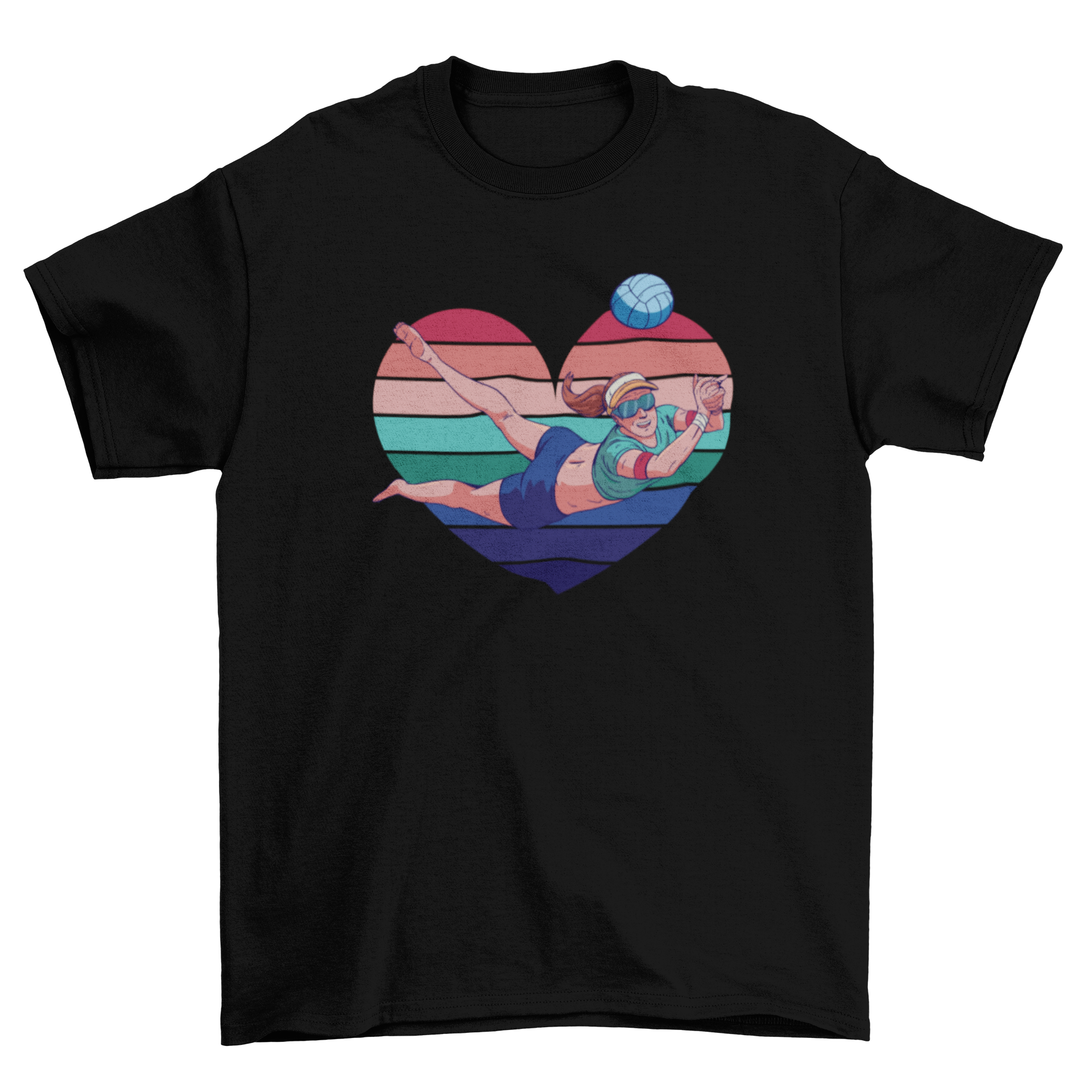 A stylish t-shirt featuring a woman playing volleyball inside a colorful heart design, perfect for volleyball enthusiasts.