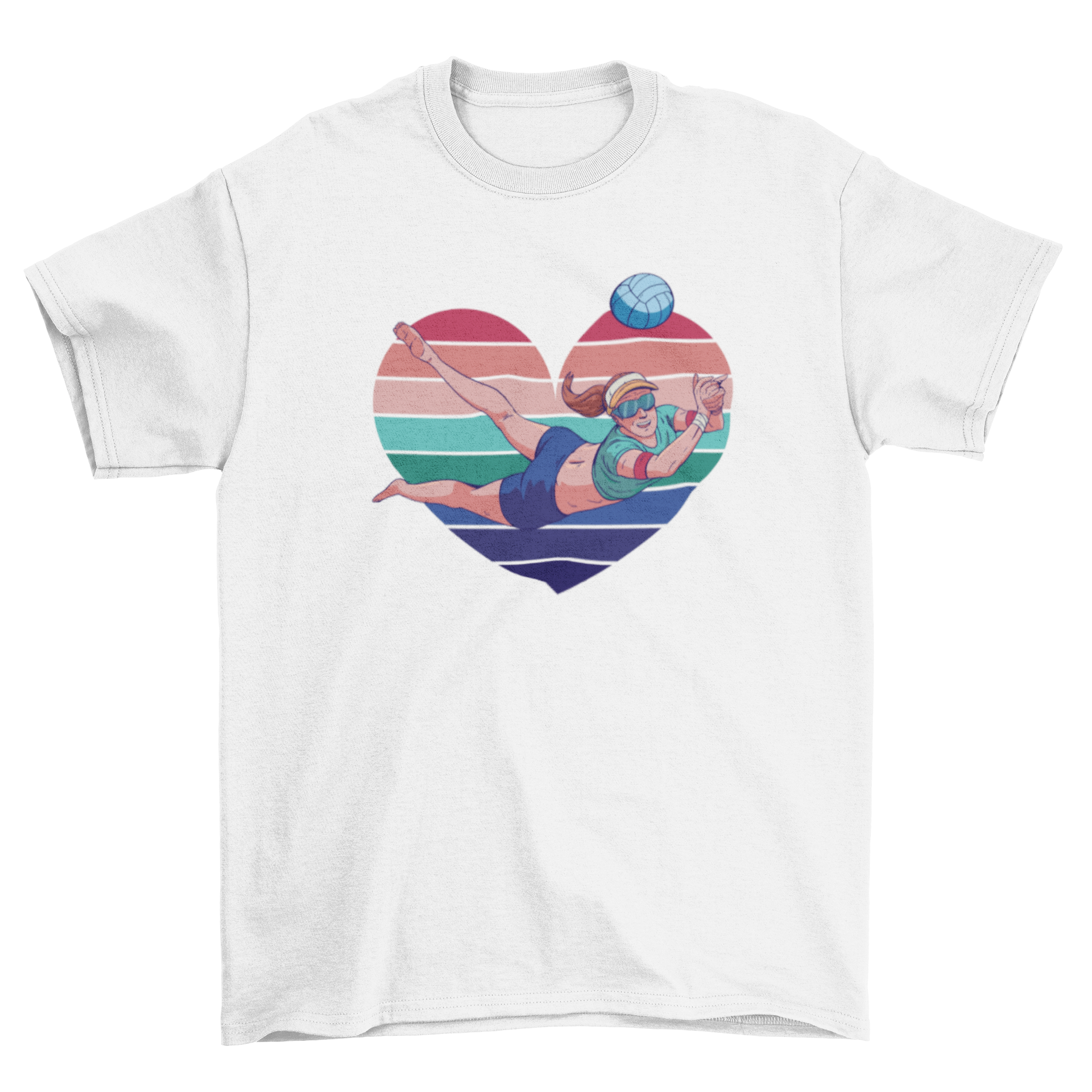 A stylish t-shirt featuring a woman playing volleyball inside a colorful heart design, perfect for volleyball enthusiasts.