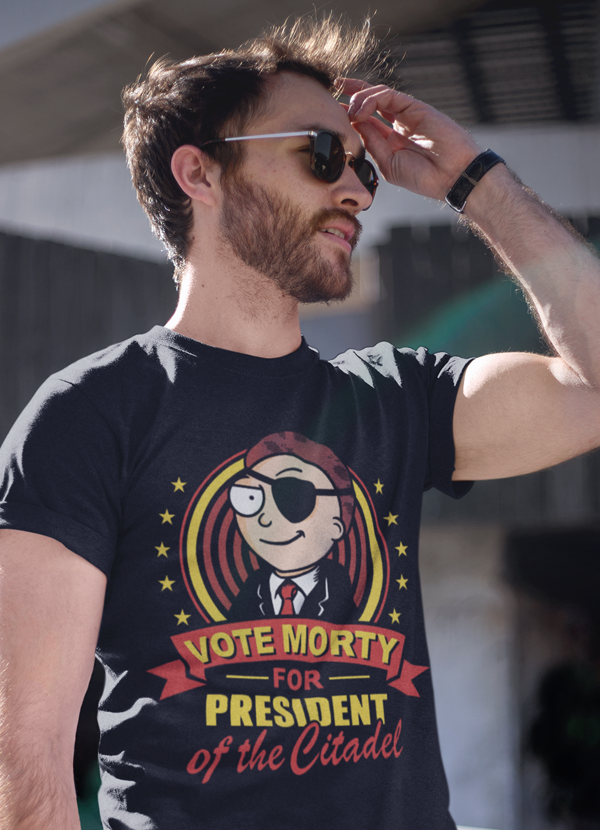 Vote Morty T-shirt featuring a unique design, made from super soft ringspun cotton, perfect for casual wear.