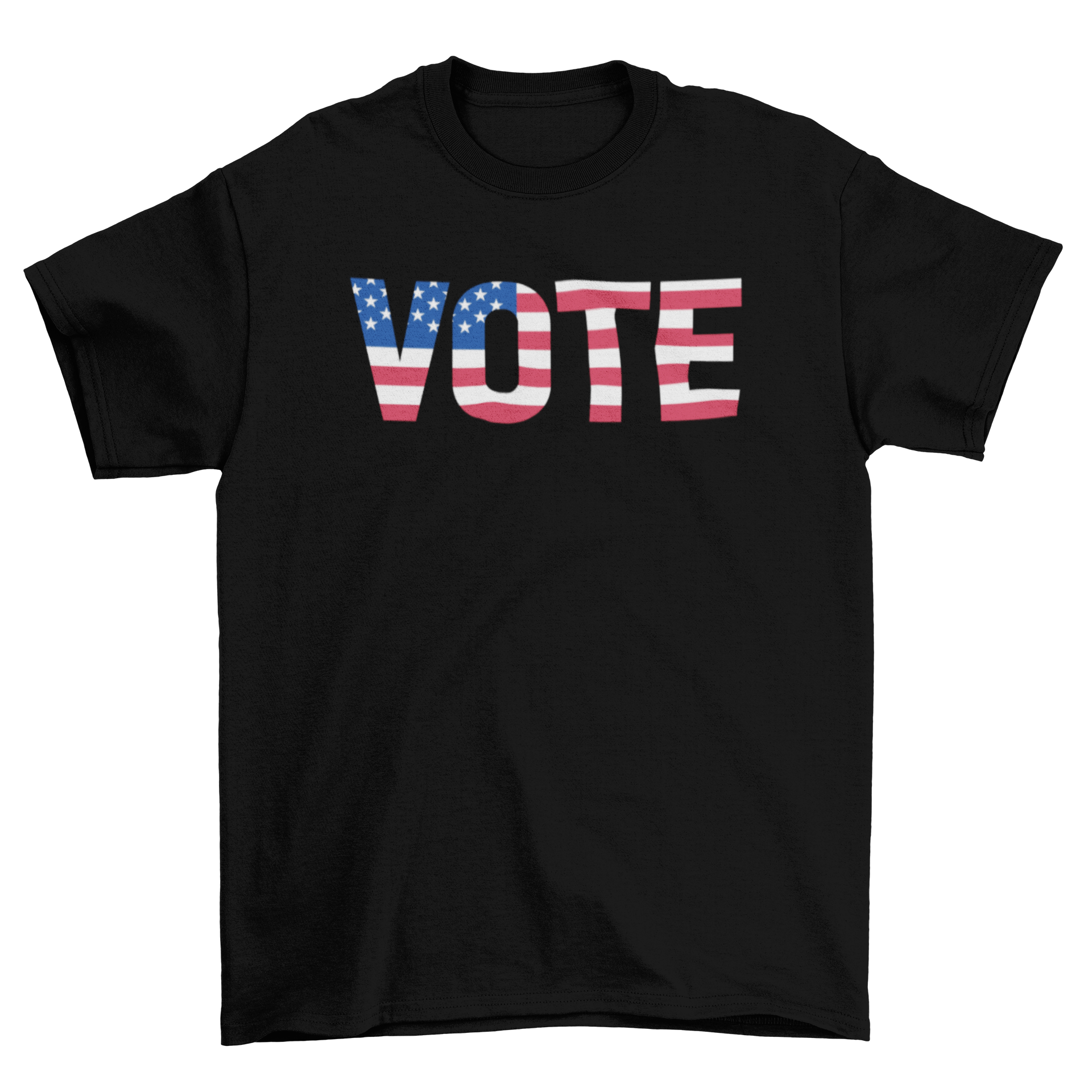 Vote USA t-shirt design featuring the word 'VOTE' integrated with the American flag, showcasing patriotism and civic engagement.