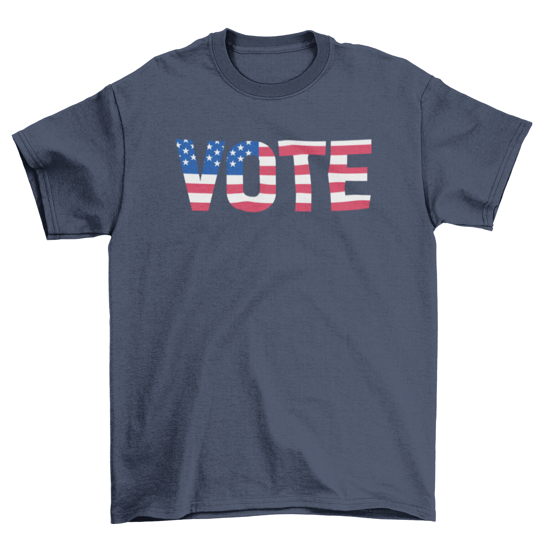 Vote USA t-shirt design featuring the word 'VOTE' integrated with the American flag, showcasing patriotism and civic engagement.