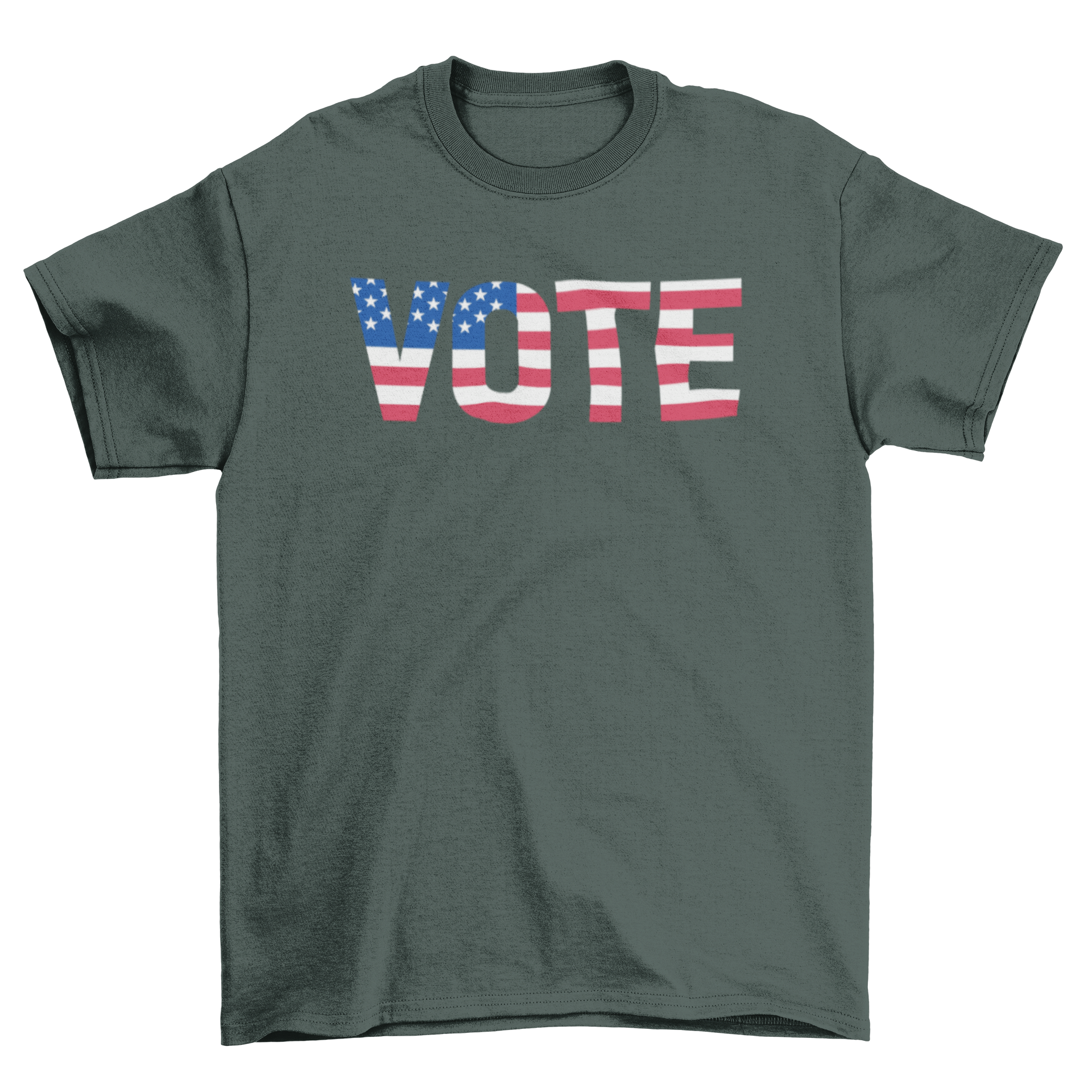 Vote USA t-shirt design featuring the word 'VOTE' integrated with the American flag, showcasing patriotism and civic engagement.