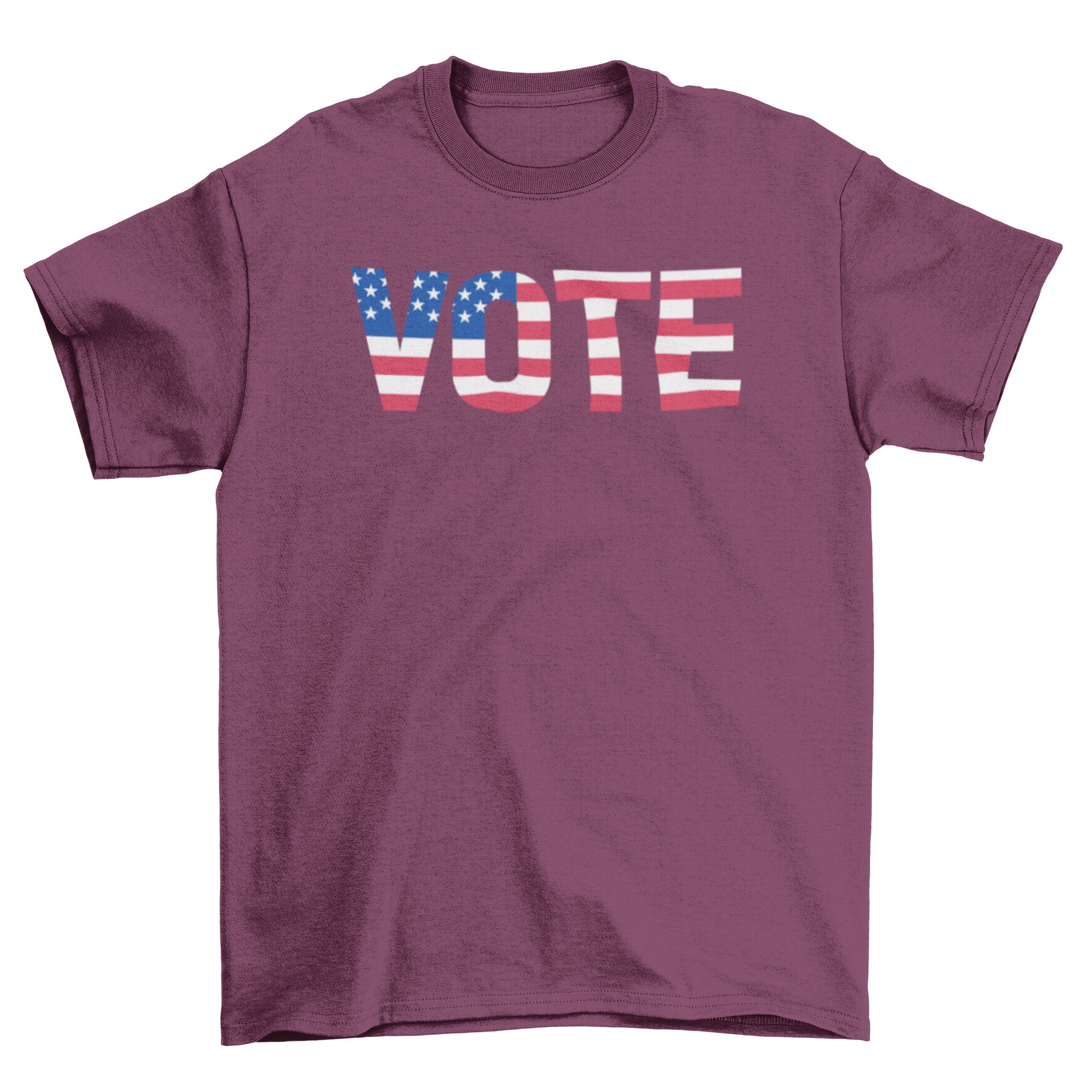 Vote USA t-shirt design featuring the word 'VOTE' integrated with the American flag, showcasing patriotism and civic engagement.