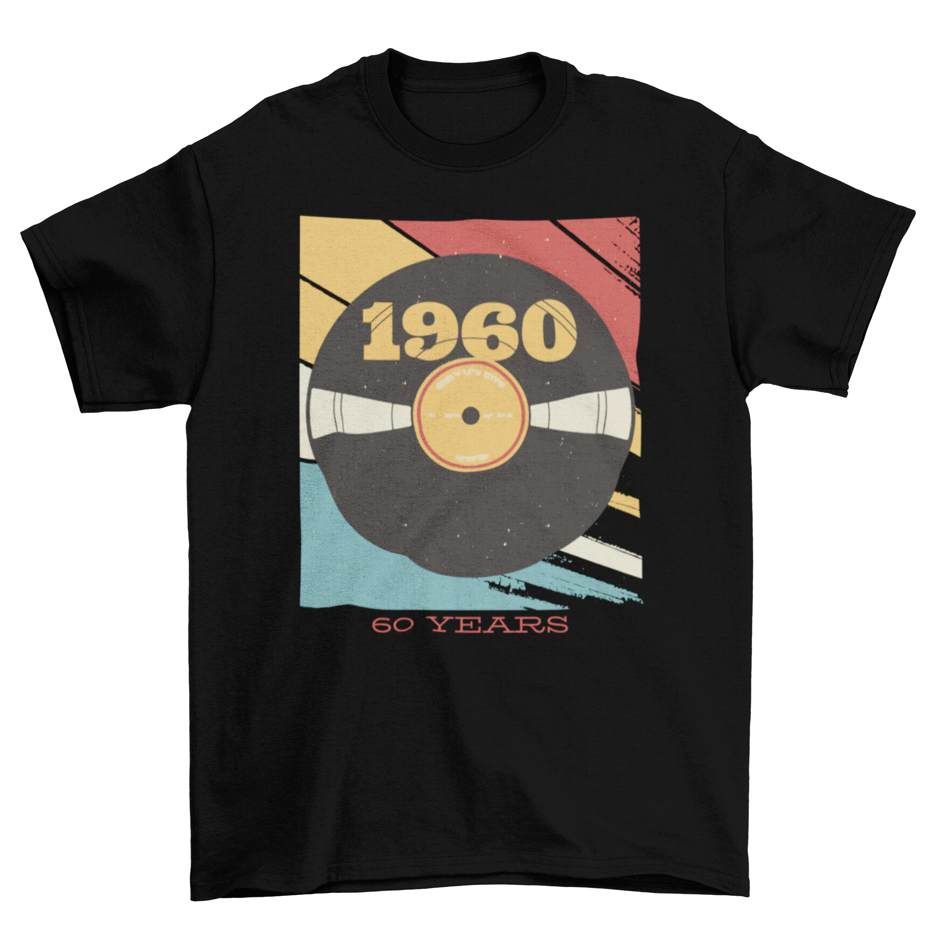 A vintage-style t-shirt featuring a colorful vinyl record illustration with editable text for personalization.