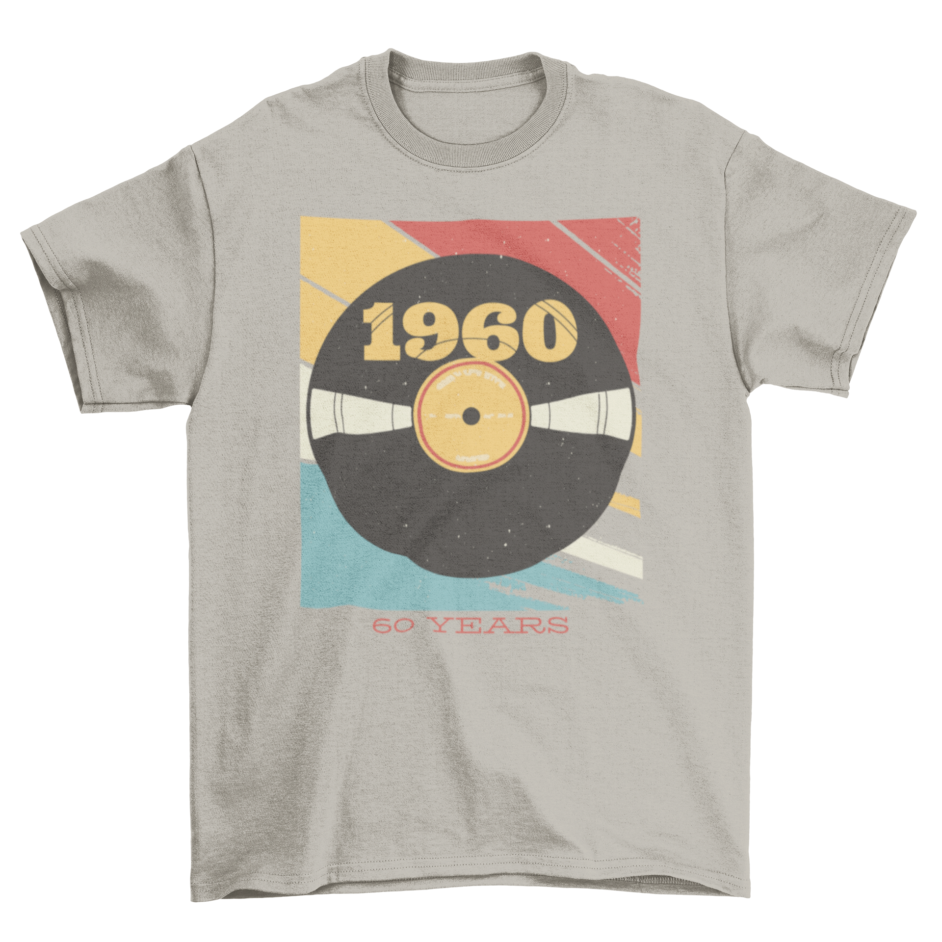 A vintage-style t-shirt featuring a colorful vinyl record illustration with editable text for personalization.