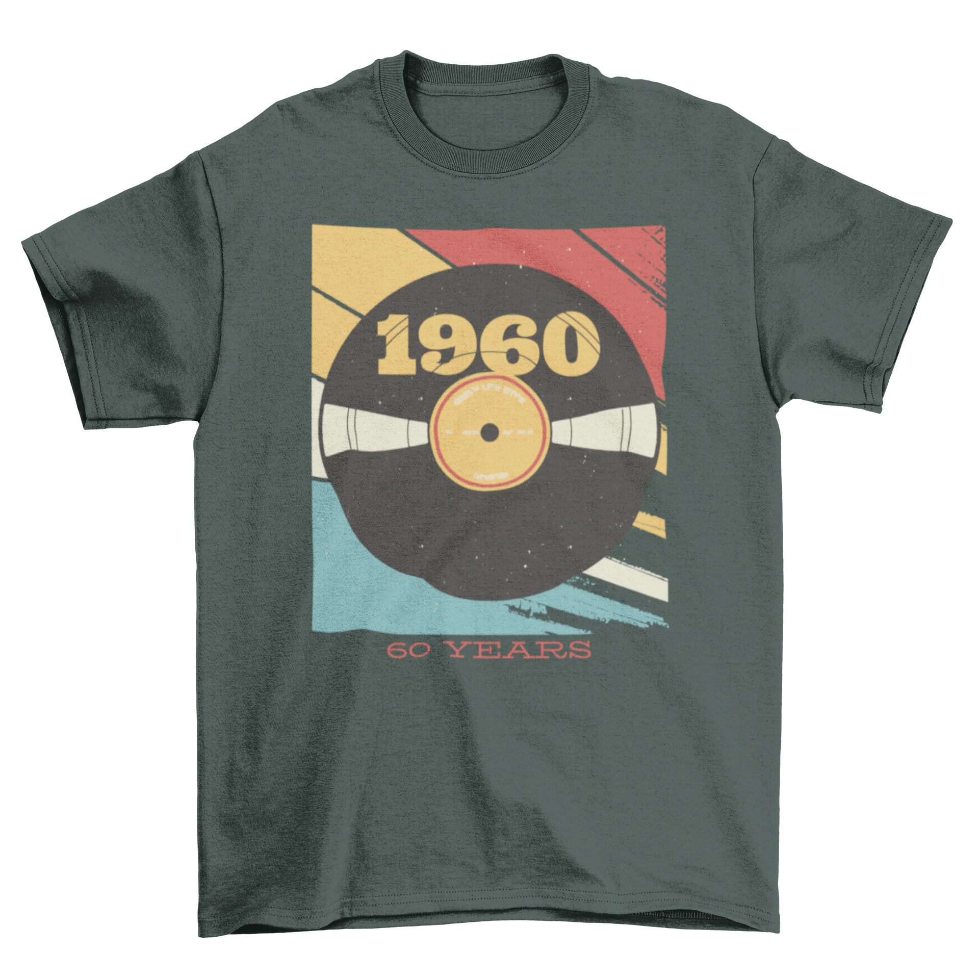 A vintage-style t-shirt featuring a colorful vinyl record illustration with editable text for personalization.