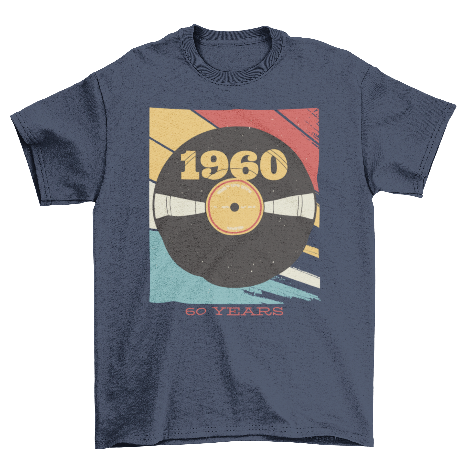 A vintage-style t-shirt featuring a colorful vinyl record illustration with editable text for personalization.