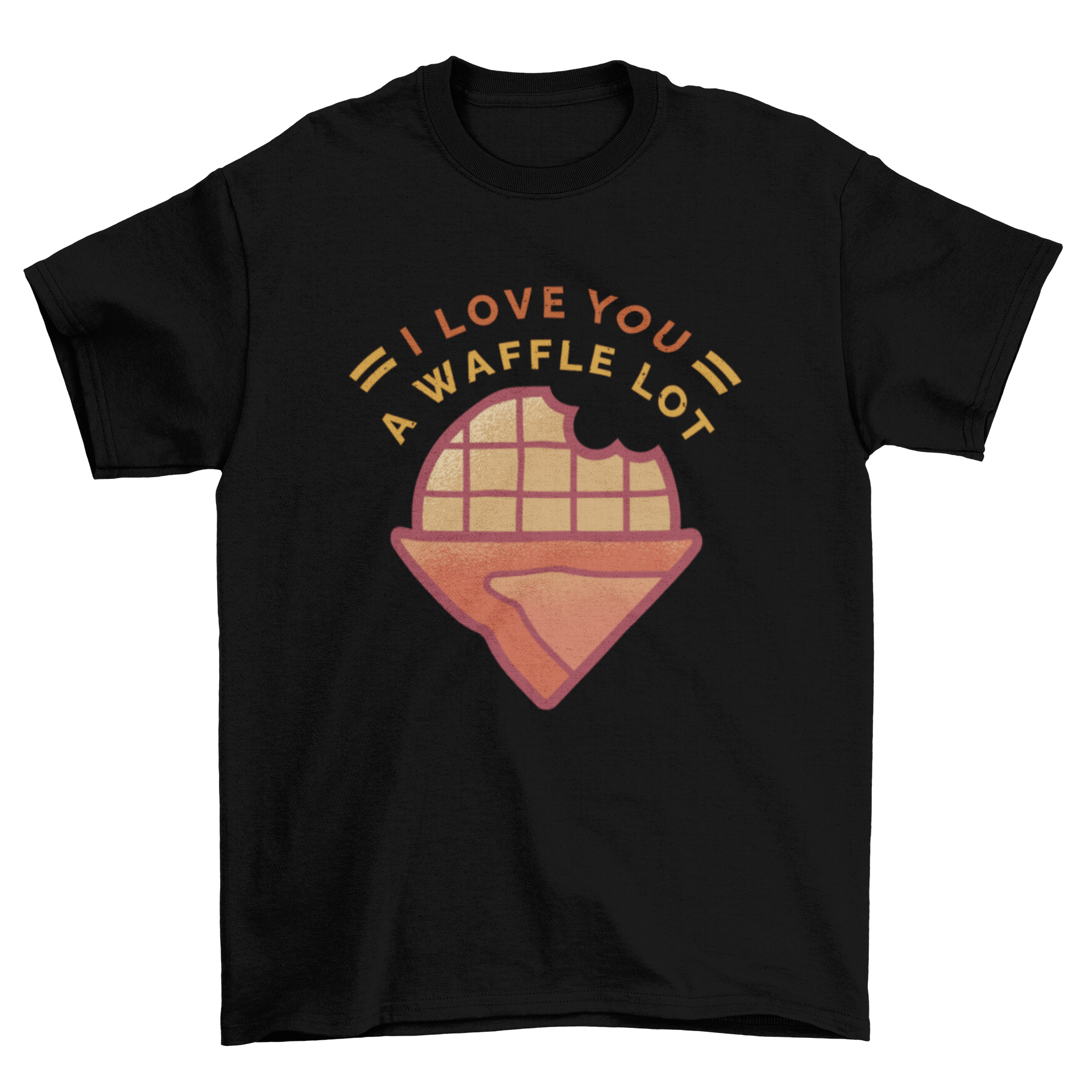 A fun t-shirt design featuring a bitten waffle and the quote 'I love you a waffle lot' in playful typography.