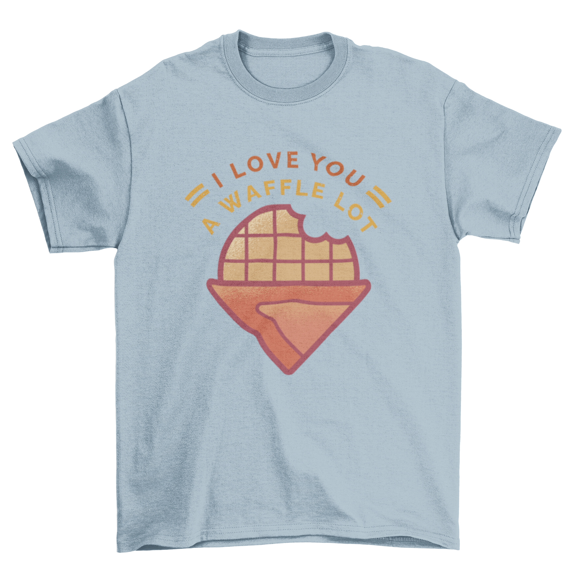 A fun t-shirt design featuring a bitten waffle and the quote 'I love you a waffle lot' in playful typography.