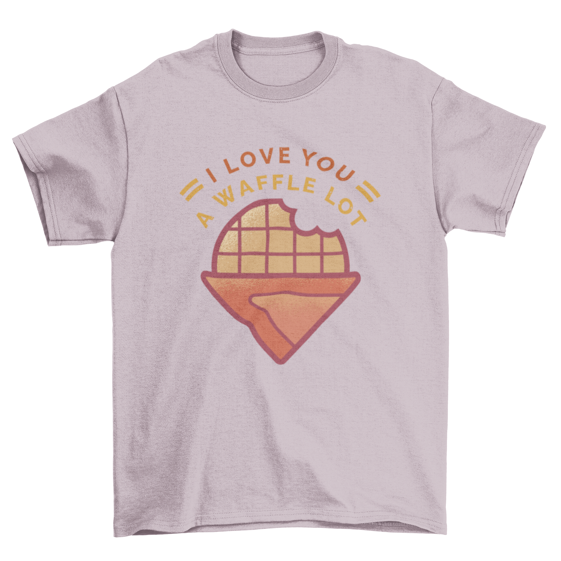 A fun t-shirt design featuring a bitten waffle and the quote 'I love you a waffle lot' in playful typography.