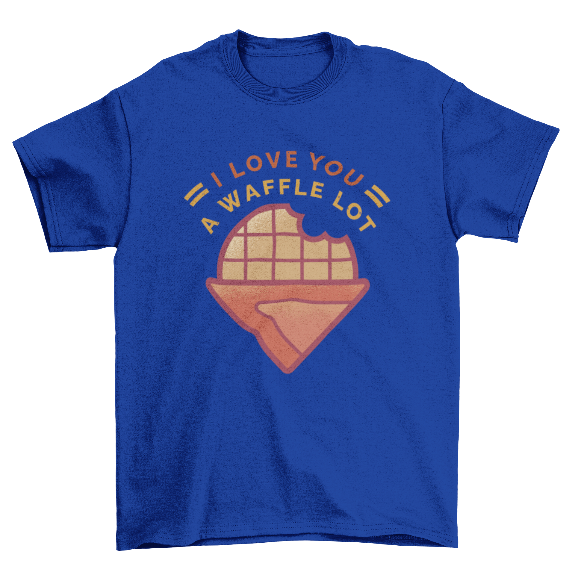 A fun t-shirt design featuring a bitten waffle and the quote 'I love you a waffle lot' in playful typography.