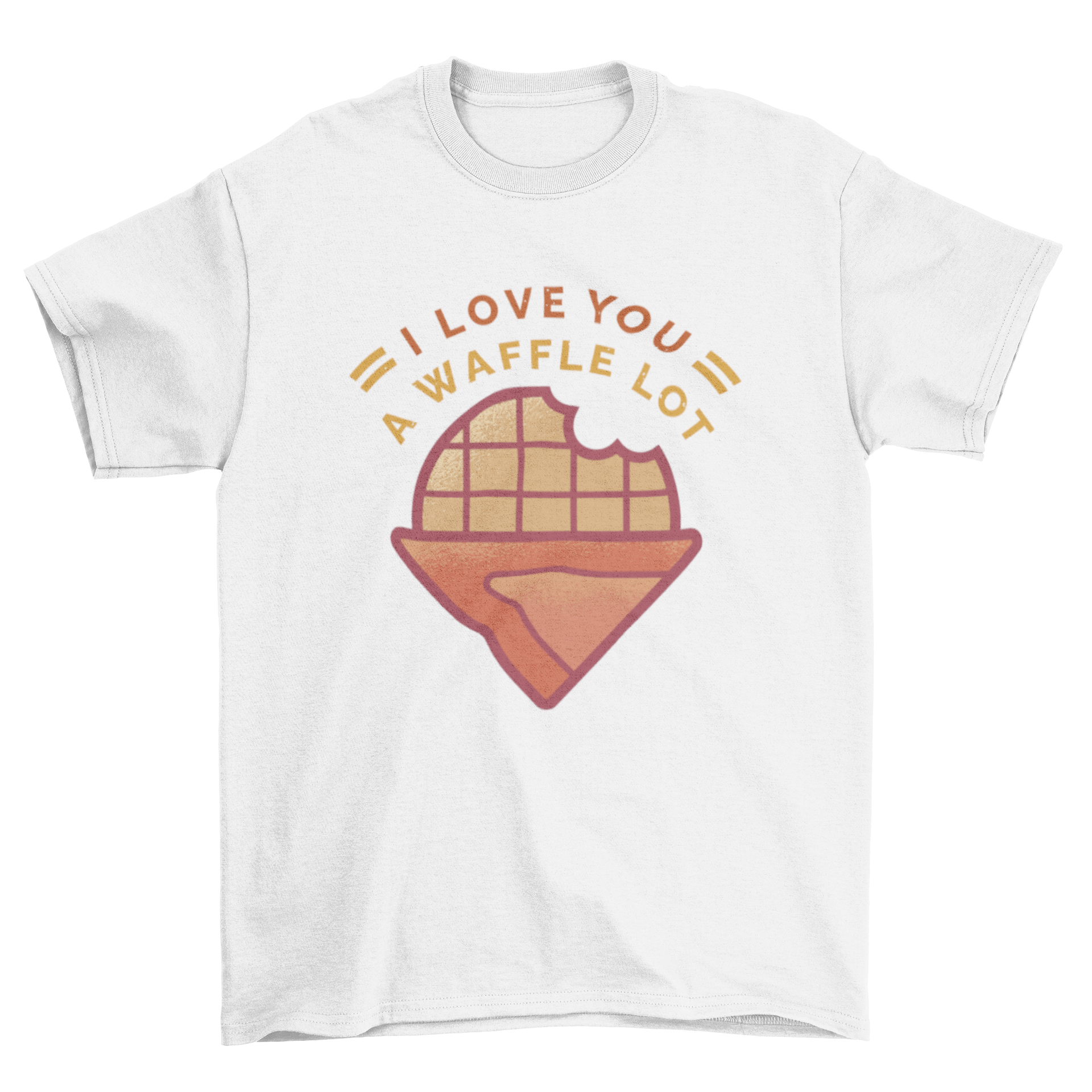 A fun t-shirt design featuring a bitten waffle and the quote 'I love you a waffle lot' in playful typography.