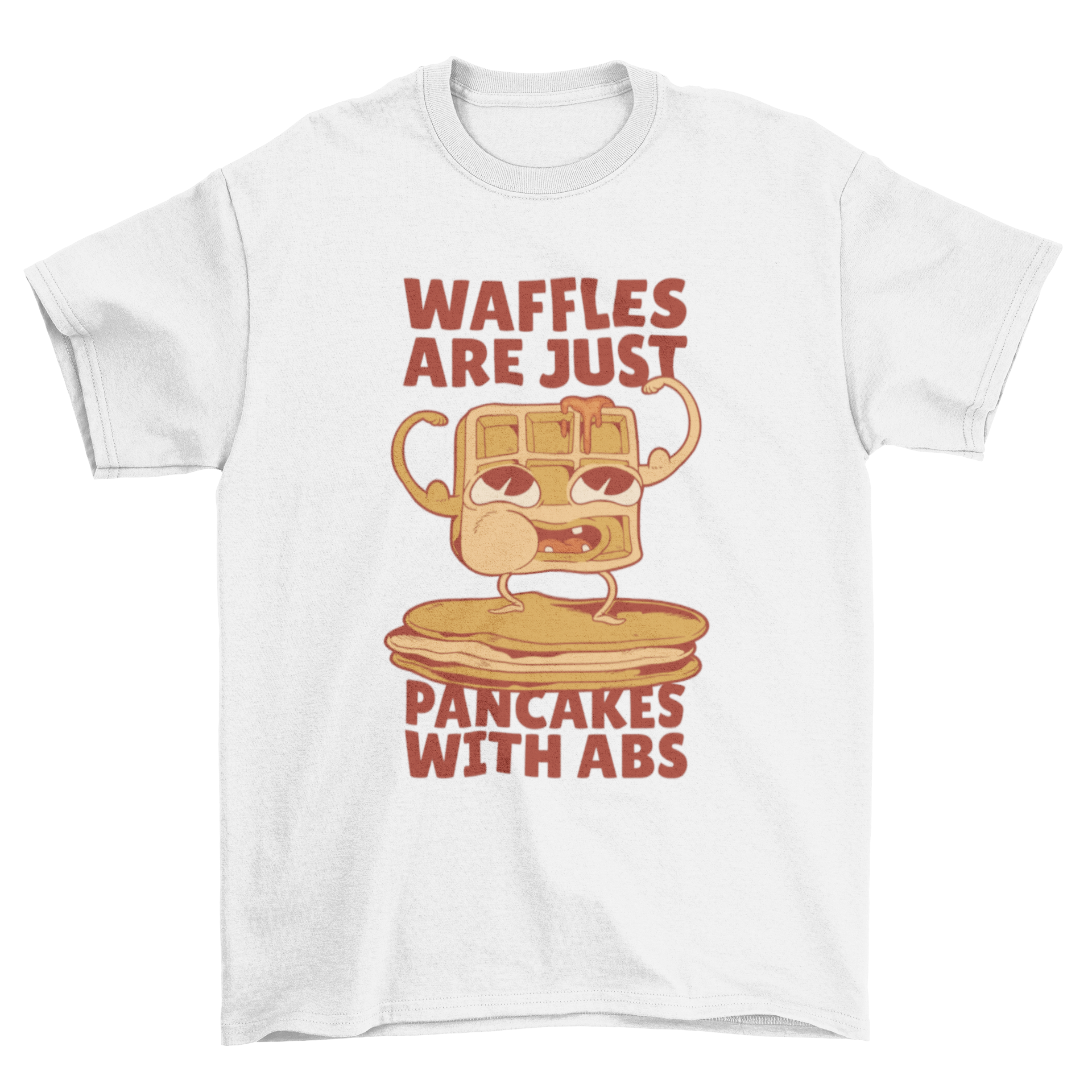 Funny t-shirt design featuring a cartoon waffle with the caption 'Waffles are just pancakes with abs'.