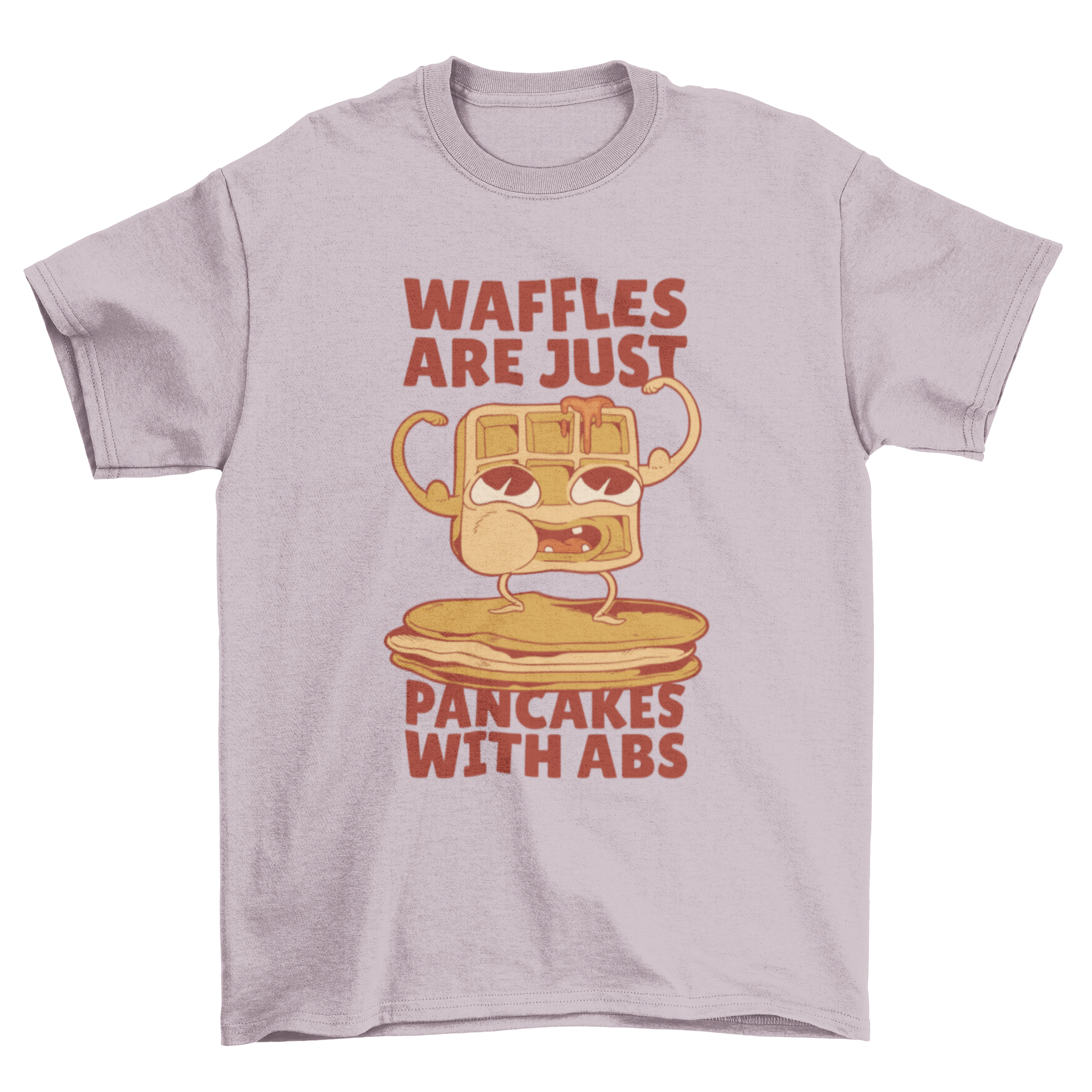 Funny t-shirt design featuring a cartoon waffle with the caption 'Waffles are just pancakes with abs'.