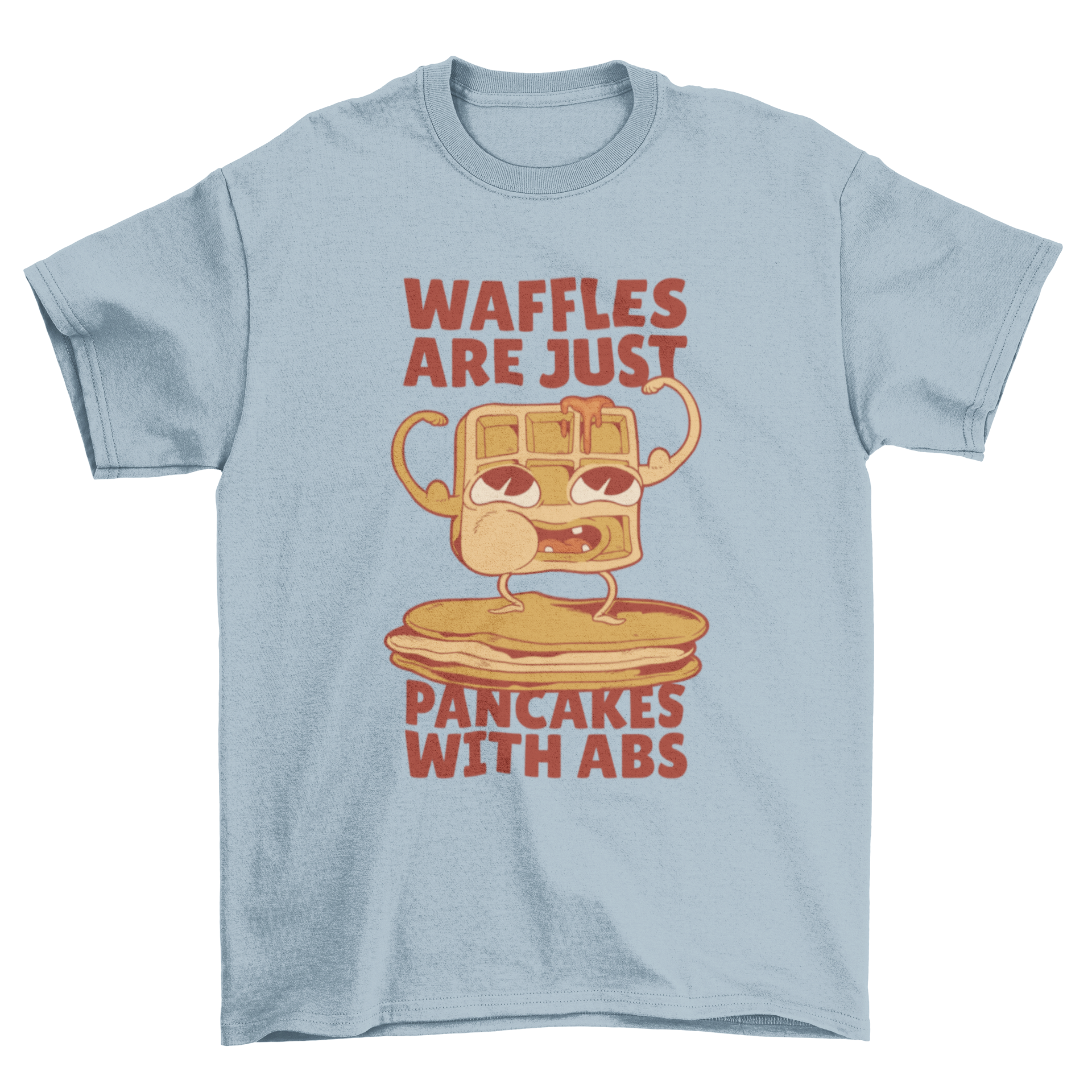 Funny t-shirt design featuring a cartoon waffle with the caption 'Waffles are just pancakes with abs'.