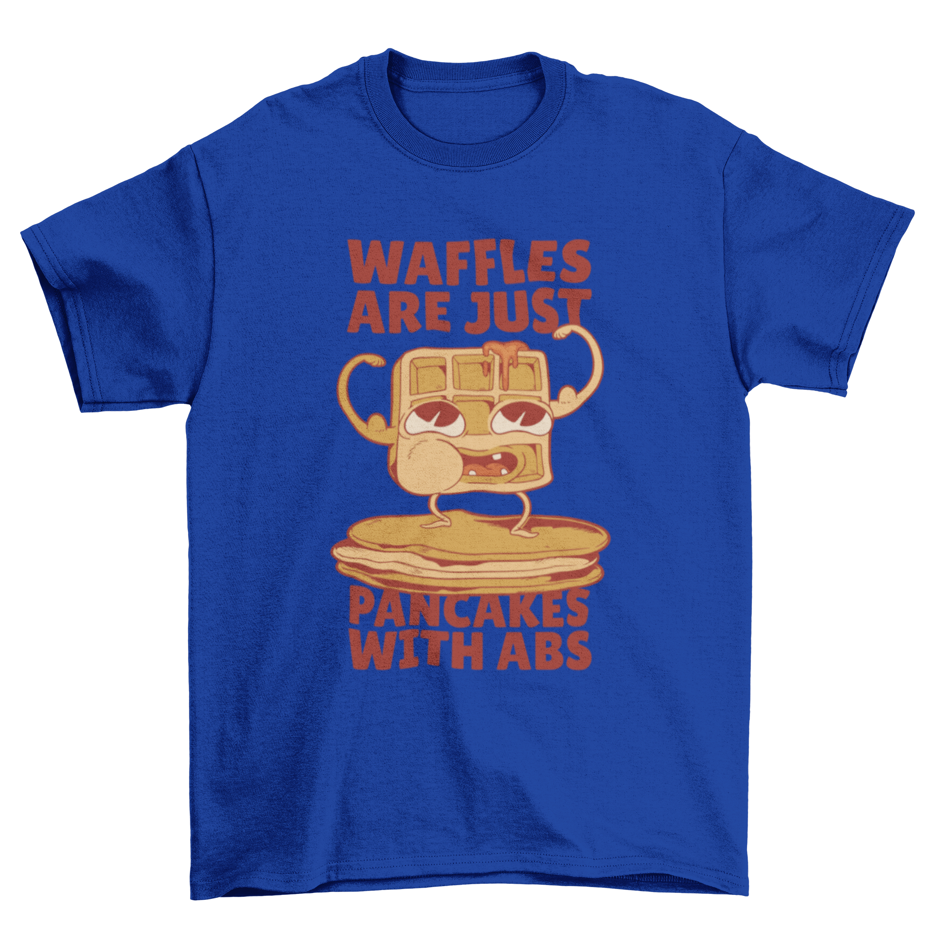 Funny t-shirt design featuring a cartoon waffle with the caption 'Waffles are just pancakes with abs'.