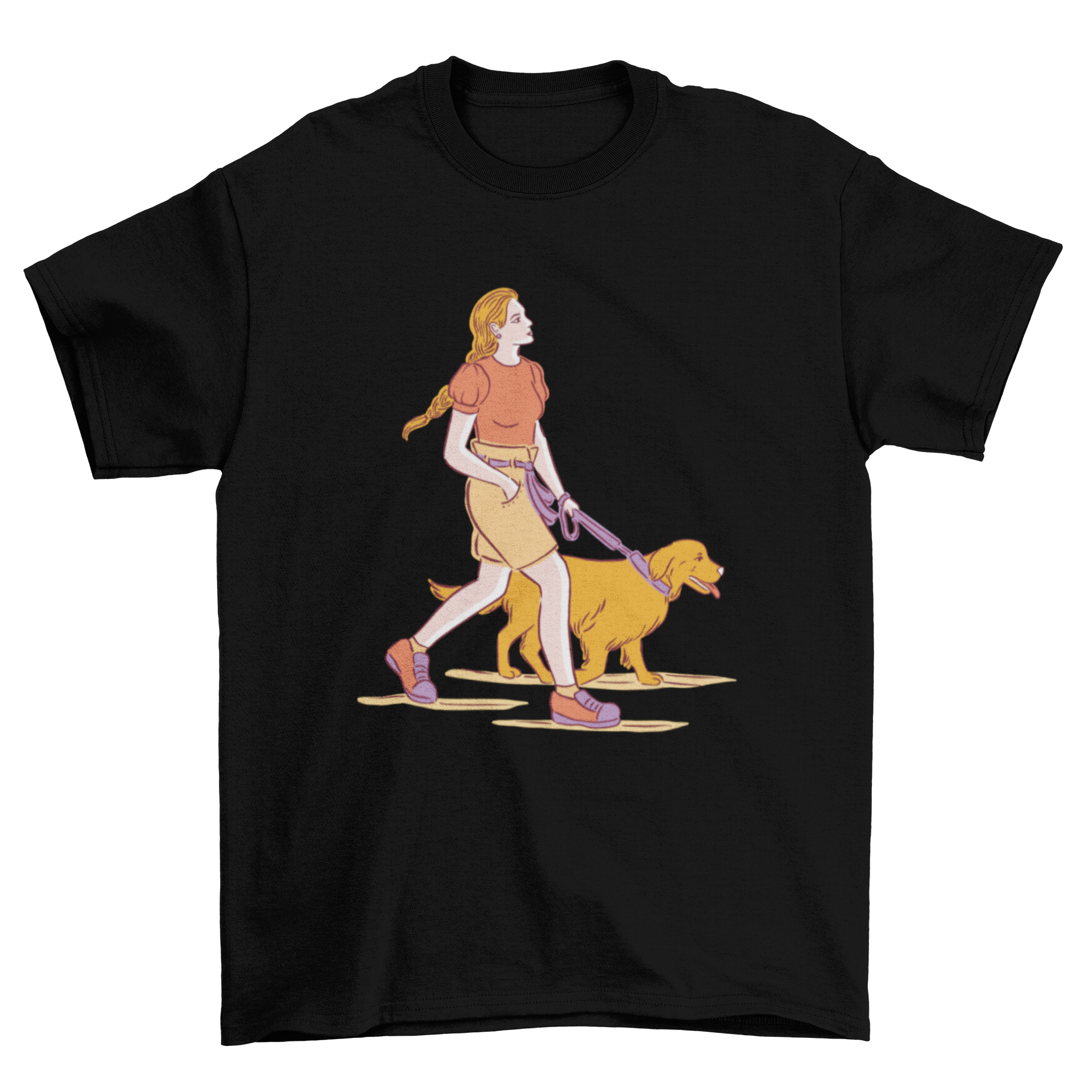 A charming t-shirt design featuring a girl walking her dog, showcasing a joyful bond between them.